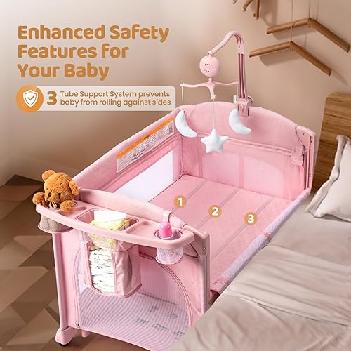 Miniatura 3 de JOYMOR Moisés junto a la cama 9 en 1 con mesa cambiador, corralito con moisés, se convierte en cama mecedora para bebé con centro de música