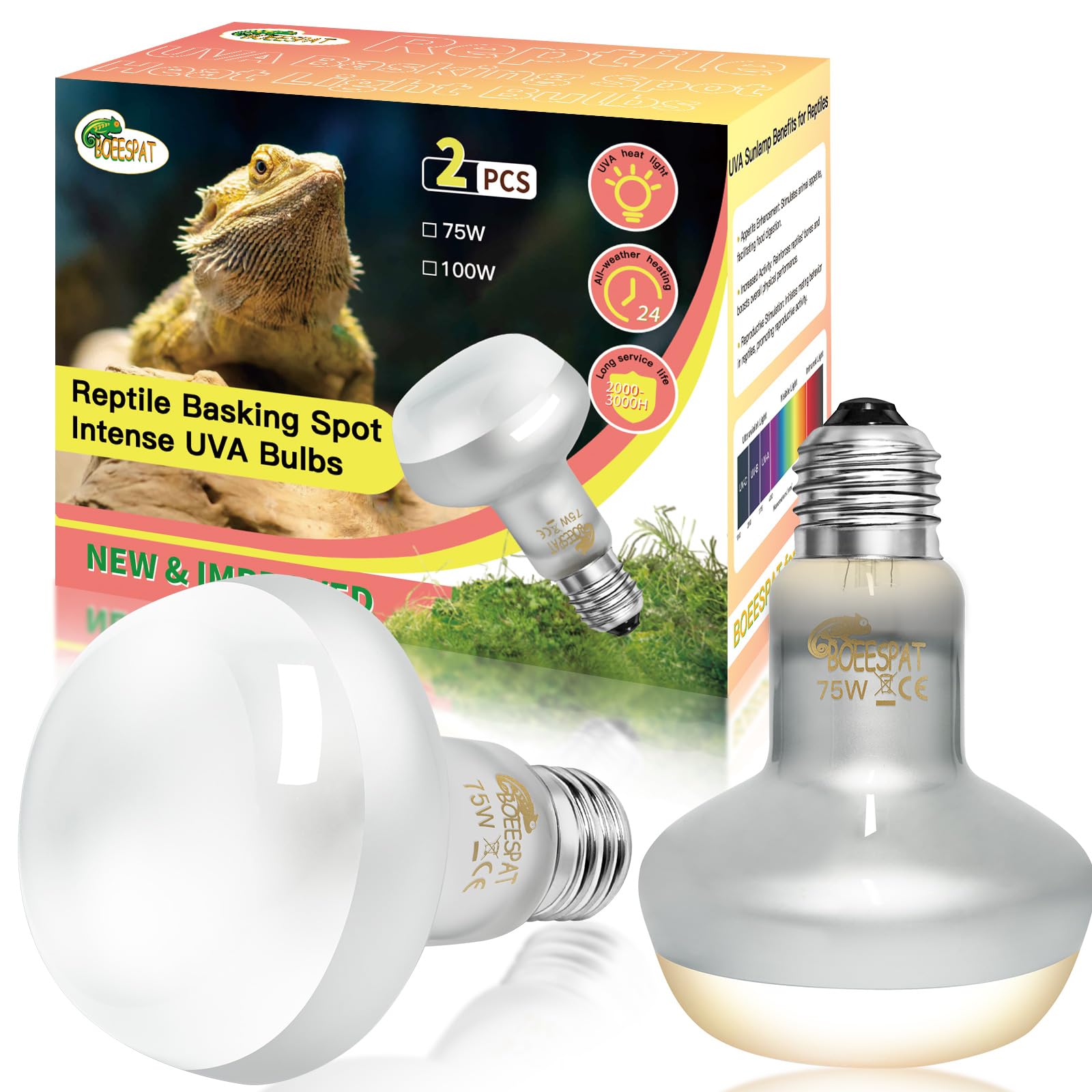 Intense 75W UVA Daylight Heat Lamp Bulbs for Basking - Simulated Sunlight Perfect for Desert-Dwelling Reptiles and Amphibians Like Bearded Dragons, Geckos, Iguanas, Lizards, (Pack of 2)