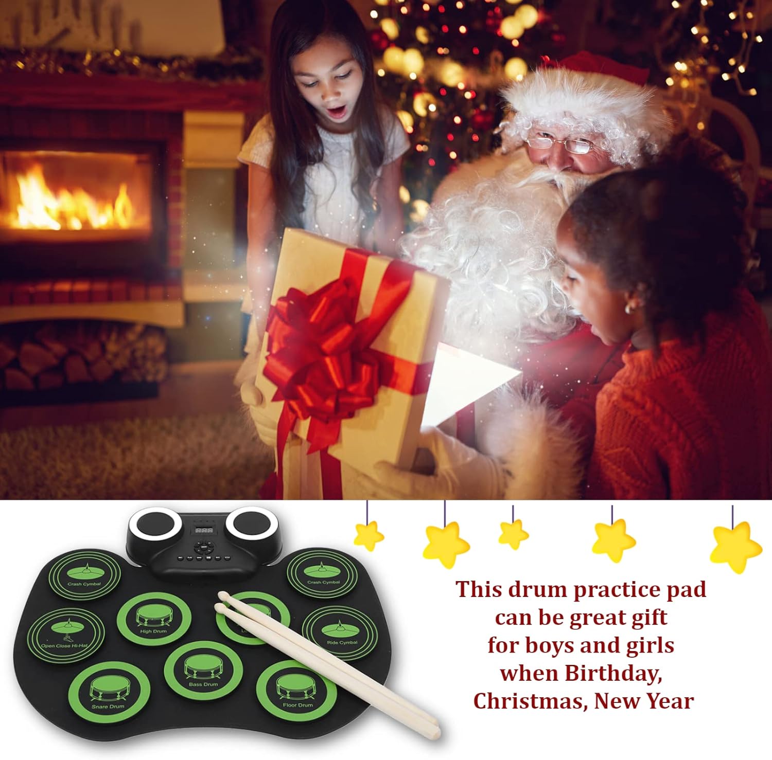 Electronic Drum Kit, Portable USB Electric Drum Set with Double Speaker, Built in Bluetooth Connection, with Three color Lighting Effect