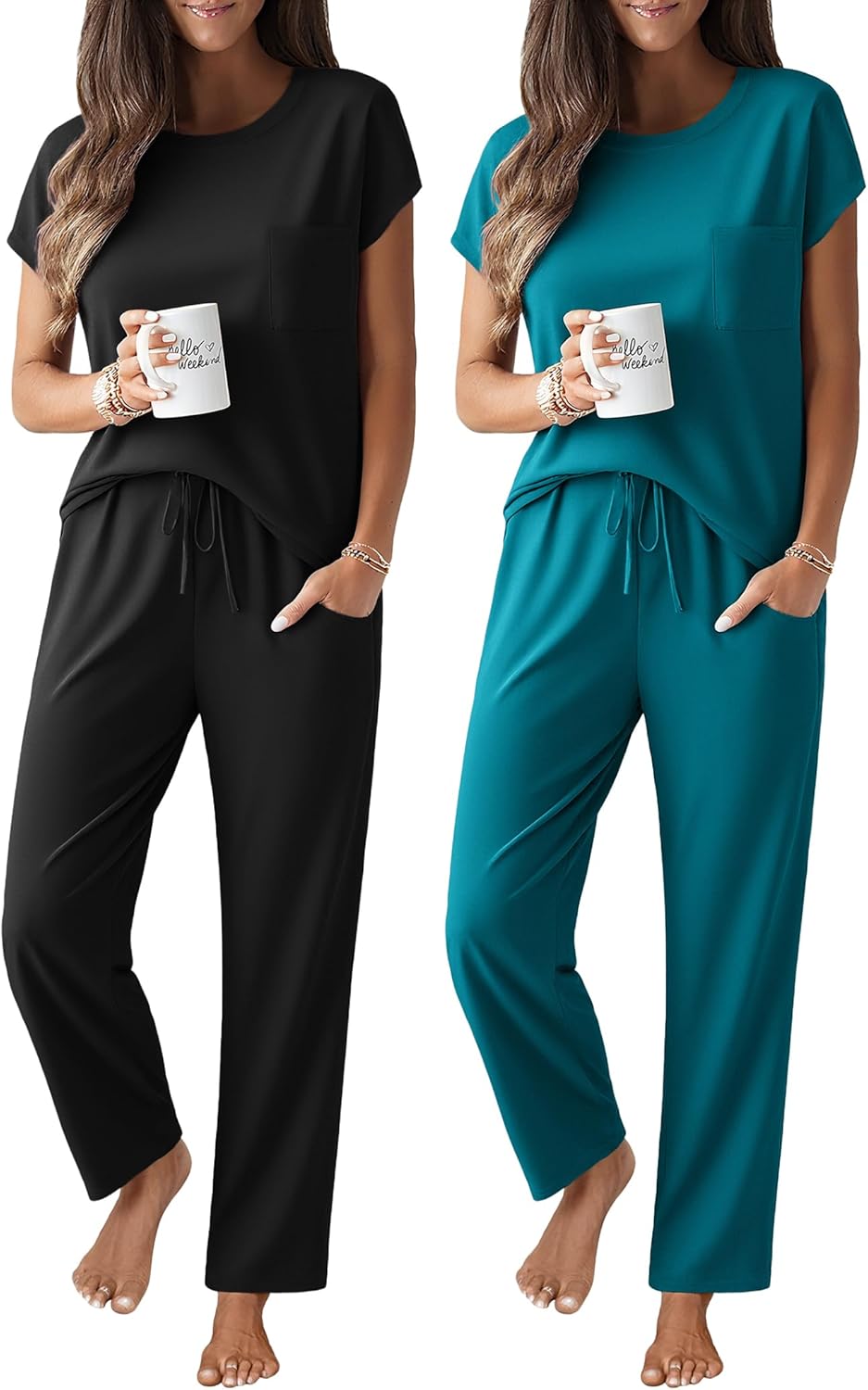 Ekouaer 2 Packs Pajamas for Women Set Cap Sleeve Top and Pants Soft Sleepwear Comfy Pjs Set with Pockets Lounge Set