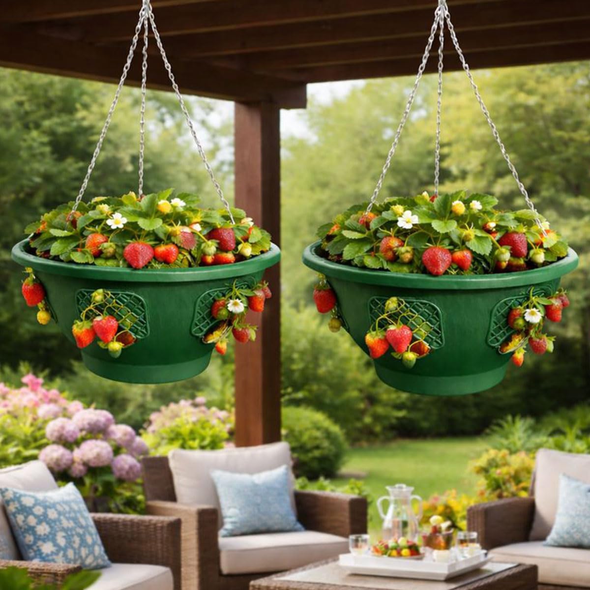 Ultimate Hanging Basket Strawberry & Flower Planter – 6 Side Planting Spaces, Drainage Hole, 1” Water Reservoir, Zinc-Plated Chain Included, Made in the USA (Deep Forest)