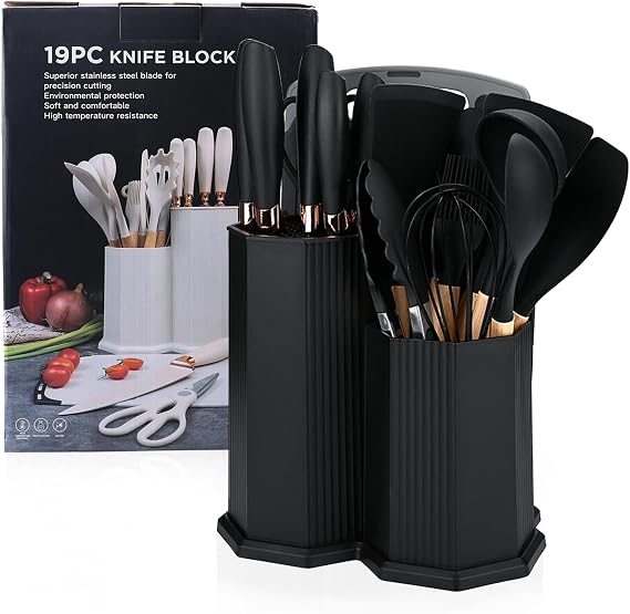 19 Piece Kitchen Utensils Set with Silicone Kitchen Utensils 5 Sharp Knives Chopping Board Including Diamond Shaped Storage Box - Complete Cooking Set for Any Kitchen Black