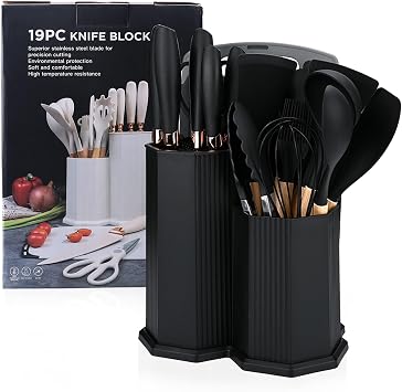 19 Piece Kitchen Utensils Set with Silicone Kitchen Utensils 5 Sharp Knives Chopping Board Including Diamond Shaped Storage Box - Complete Cooking Set for Any Kitchen Black