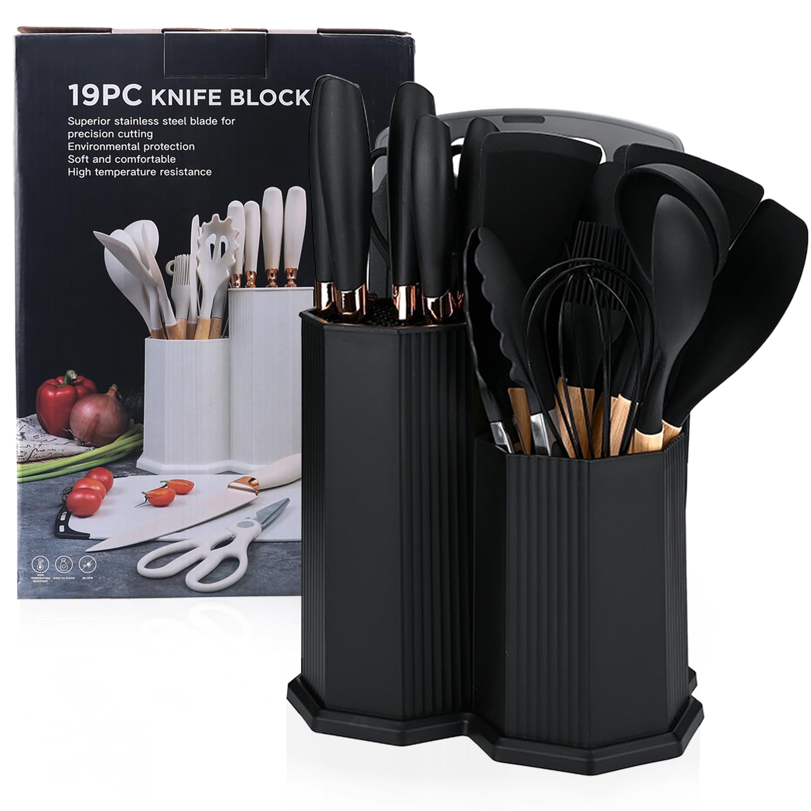 Set Utensili da Cucina 19 Pezzi Nero – Include 5 Coltelli, 1 Tagliere 13 Utensili in Silicone con Scatola di Conservazione a Forma di Diamante – Resistenti al Calore Ideale per Ogni Cucina