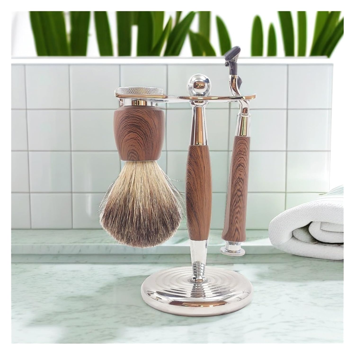 Multi-Functional Safety Shaver Set For Men, Alloy Wood Grain Manual Shaving Kit With Foaming Brush And Holder(C)