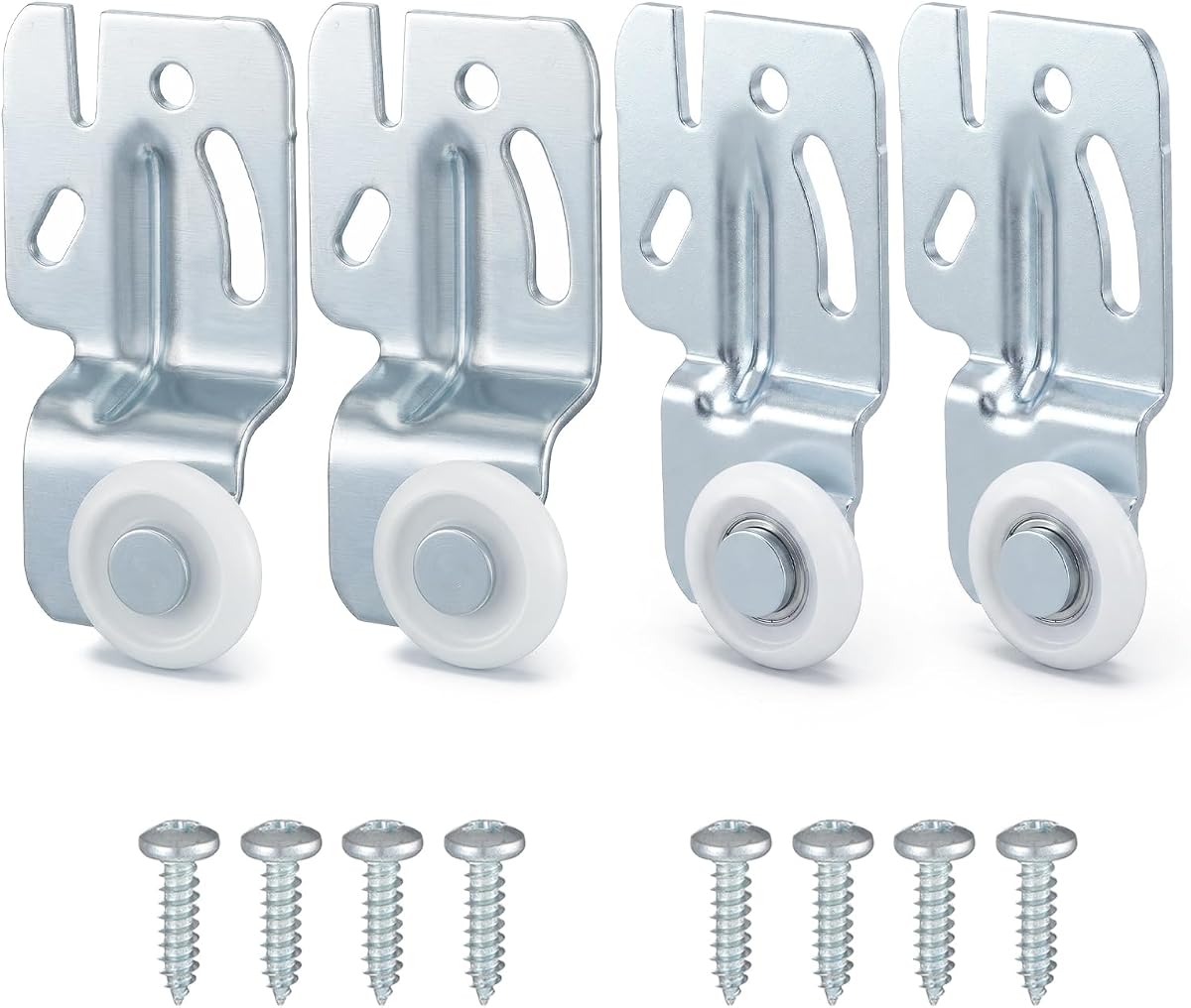 Kit de rodillos para puerta de armario corrediza de 4 piezas, ruedas de armario de acero inoxidable, herrajes para puertas corredizas, ruedas de armario de derivación para colgar en la parte superior de alta resistencia para puertas de 3/4" a 1-3/8" de espesor (con 8 tornillos)