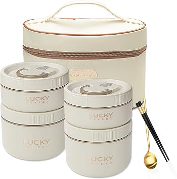 Stainless Steel Bento Box Adult Lunch Box, bento box with thermos,Portable Insulated Food Lunch Container Set with Thermal Lunch Box, 4 Separate Stackable Lunch Container Microwave Beige 68oz