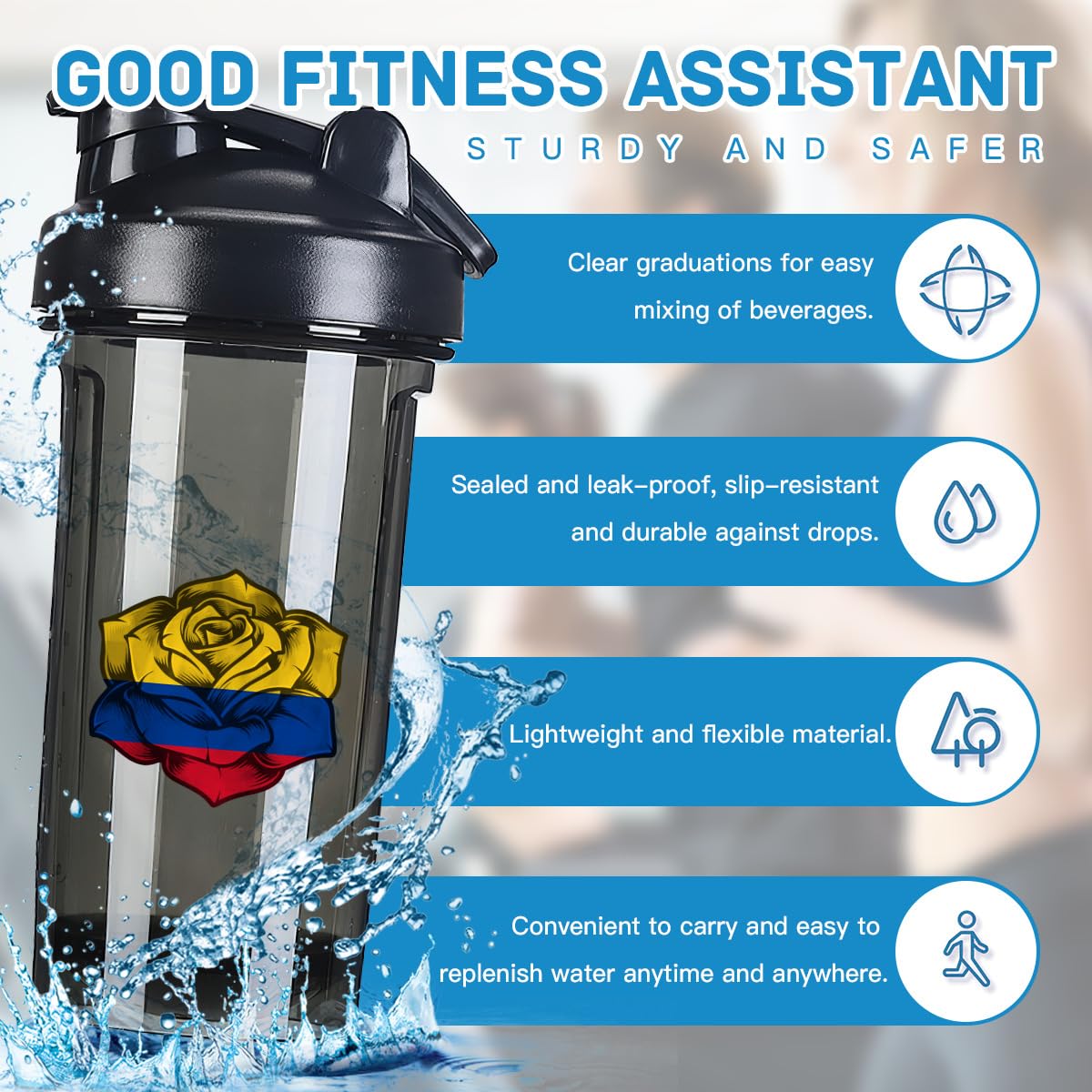 Rose Colombia Flag 18 Ounce Shaker Bottle Drink Mixer Leak-proof Pre Workout Protein Shakes Meal Replacement Shakes Bottles 500ML/18 Oz Black