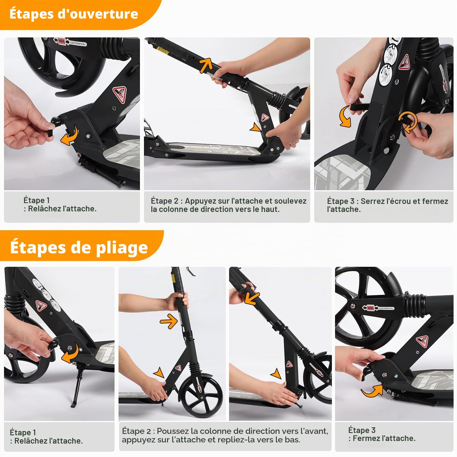Trottinette Pliable pour Enfants de 8 à 12 Ans et Plus, Grandes Roues de 200 mm avec Freins à Disque, Trottinette pour Adultes avec Sangle de Transport et Double Absorption des Chocs