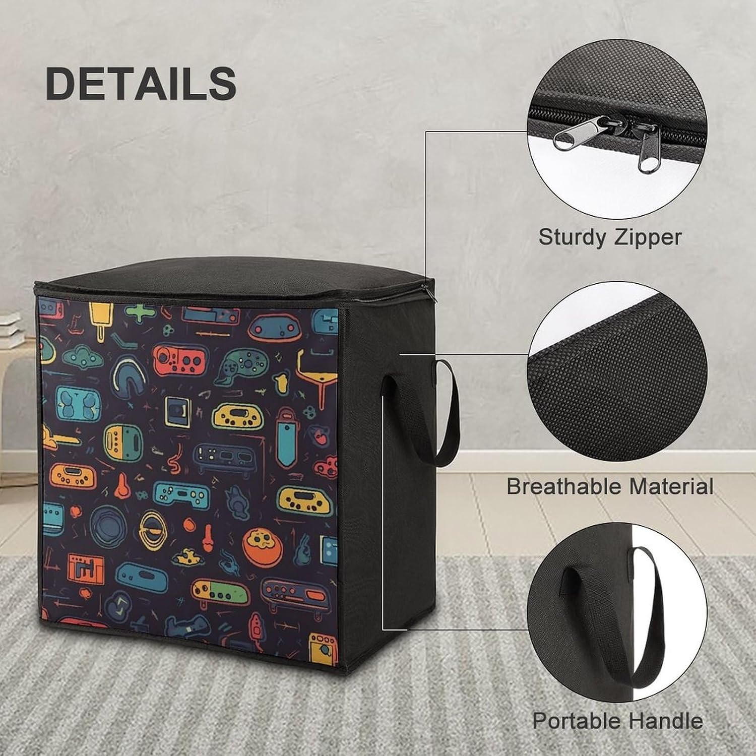 Game Video Gaming Pattern Storage Bag with Zippers And Handle Extra Large Bedding Comforter Storage Bag Foldable Blanket Storage Bags Fabric Moving Bags for Closet Organizer (70L)