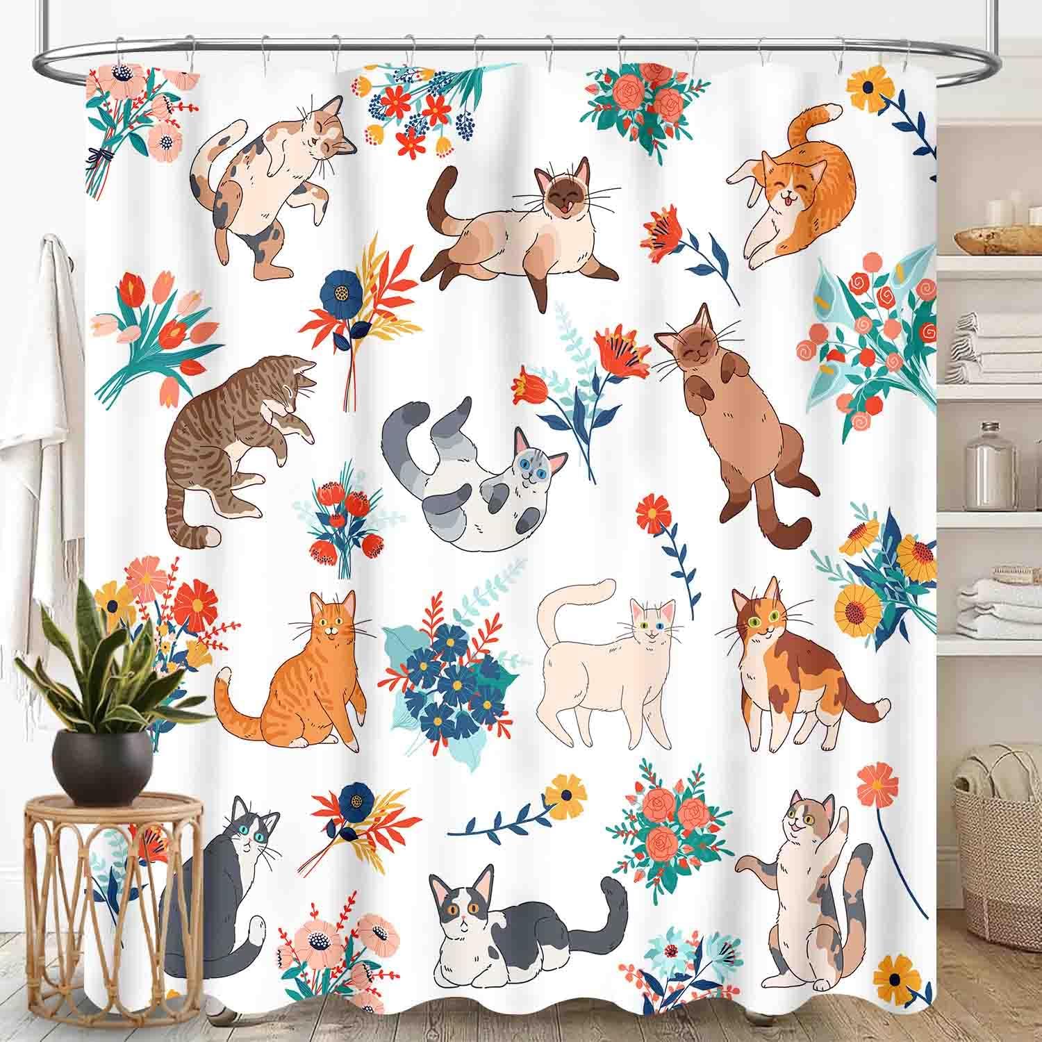 Cat Shower Curtain, Farmhouse Watercolor Floral Cute Cat Wildflower Lovely Kawaii Kitten Lovers Aesthetic Boho Beige Waterproof Fabric Bathroom Shower Curtain Set with Hooks, 72"x84" Inch