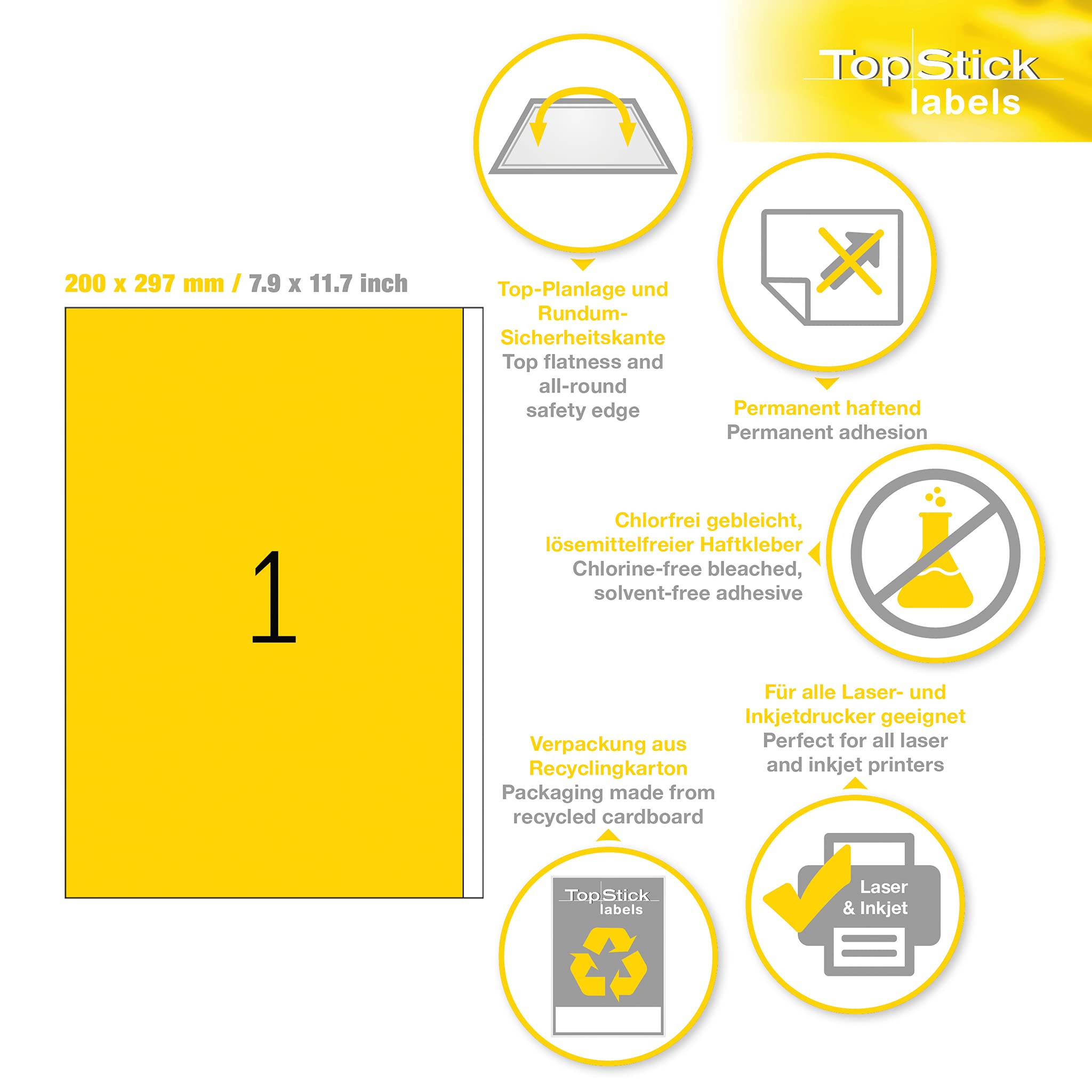 TopStick 8719 Universal Etiketten, 1000 Blatt, 200 x 297 mm, 1 pro A4 Bogen, 1000 Stück, selbstklebend, bedruckbar, matt, blanko Papier Klebeetiketten Aufkleber, weiß