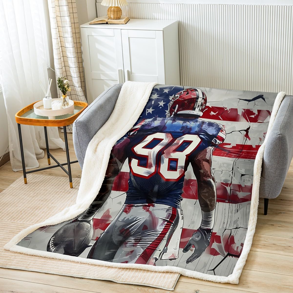 Castle Fairy Football Game Fleece Blanket,Football Rugby Sports Player Bed Blanket for Kids Teens,American Flag Flannel Blanket for Room Decor,Queen 90"x90"