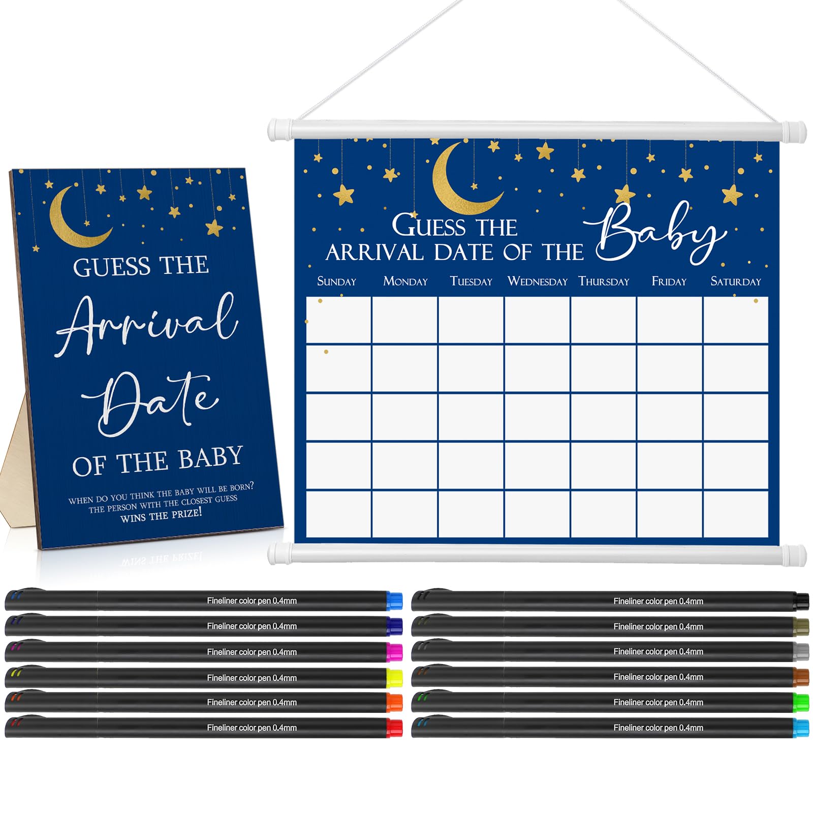 Sintuff Baby Shower Guess Due Date Calendar Include 1 Pcs Guess The Arrival Date of The Baby Shower Wooden Sign 1 Prediction Calendar 12 Fineliner