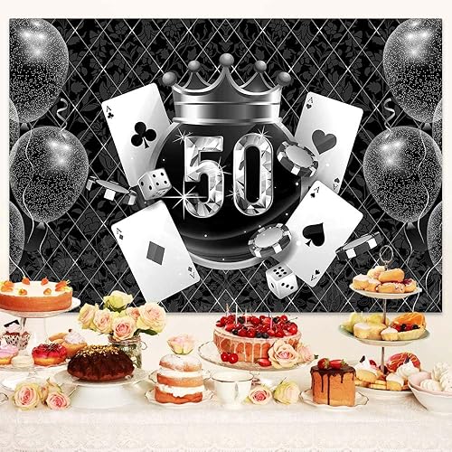 Miniatura 4 de Telón de fondo de 50 cumpleaños, temática de póquer, fondo de Las Vegas, pancarta de fiesta de cumpleaños plateada negra, suministros de decoración