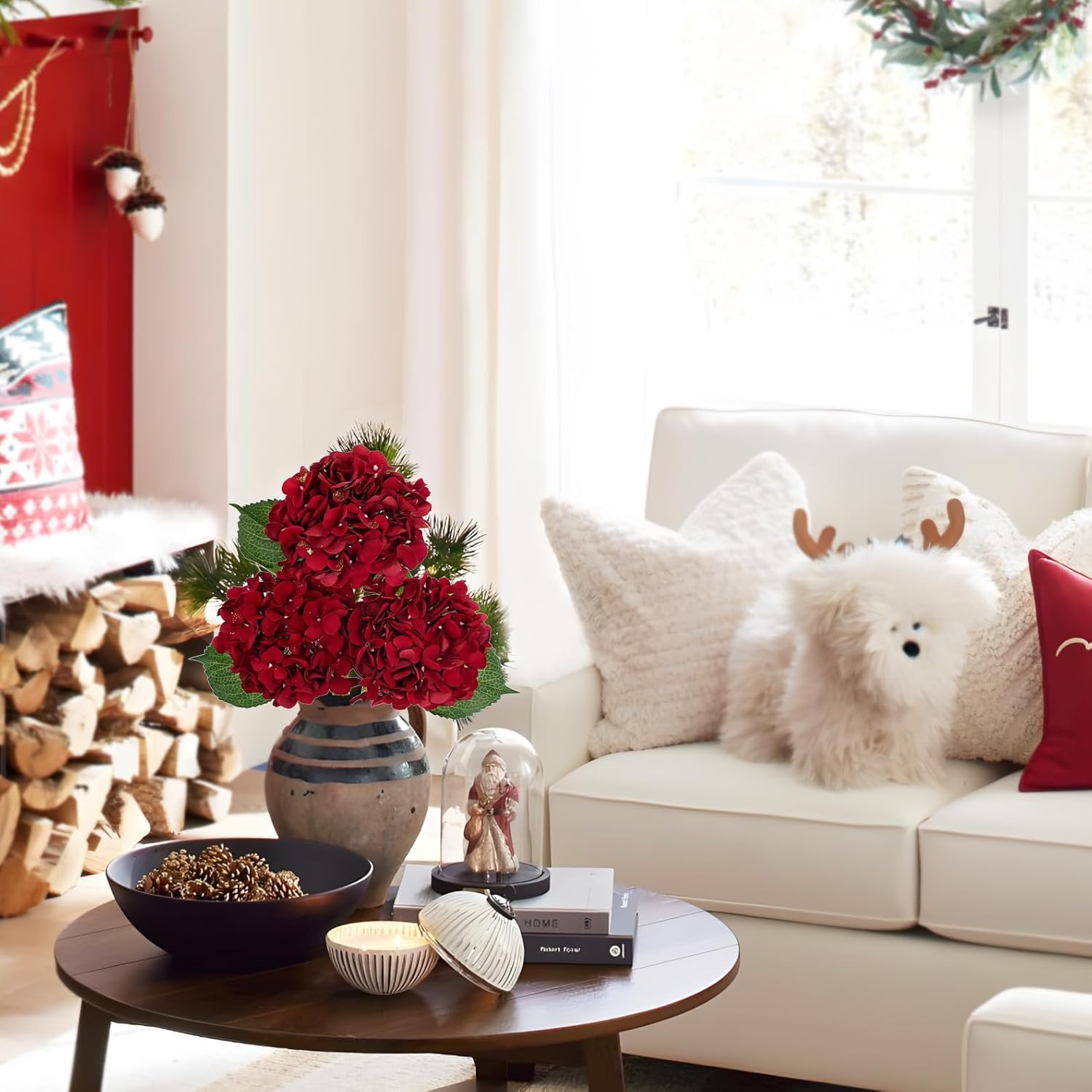 Hollyone 3Pcs Christmas Red Hydrangea Artificial Flowers 6inch Burgundy Hydrangeas Glitter Faux Hydrangea Flowers with Stems Fake Flower Arrangements Bouquets Floral Wedding Xmas Home Decor Small