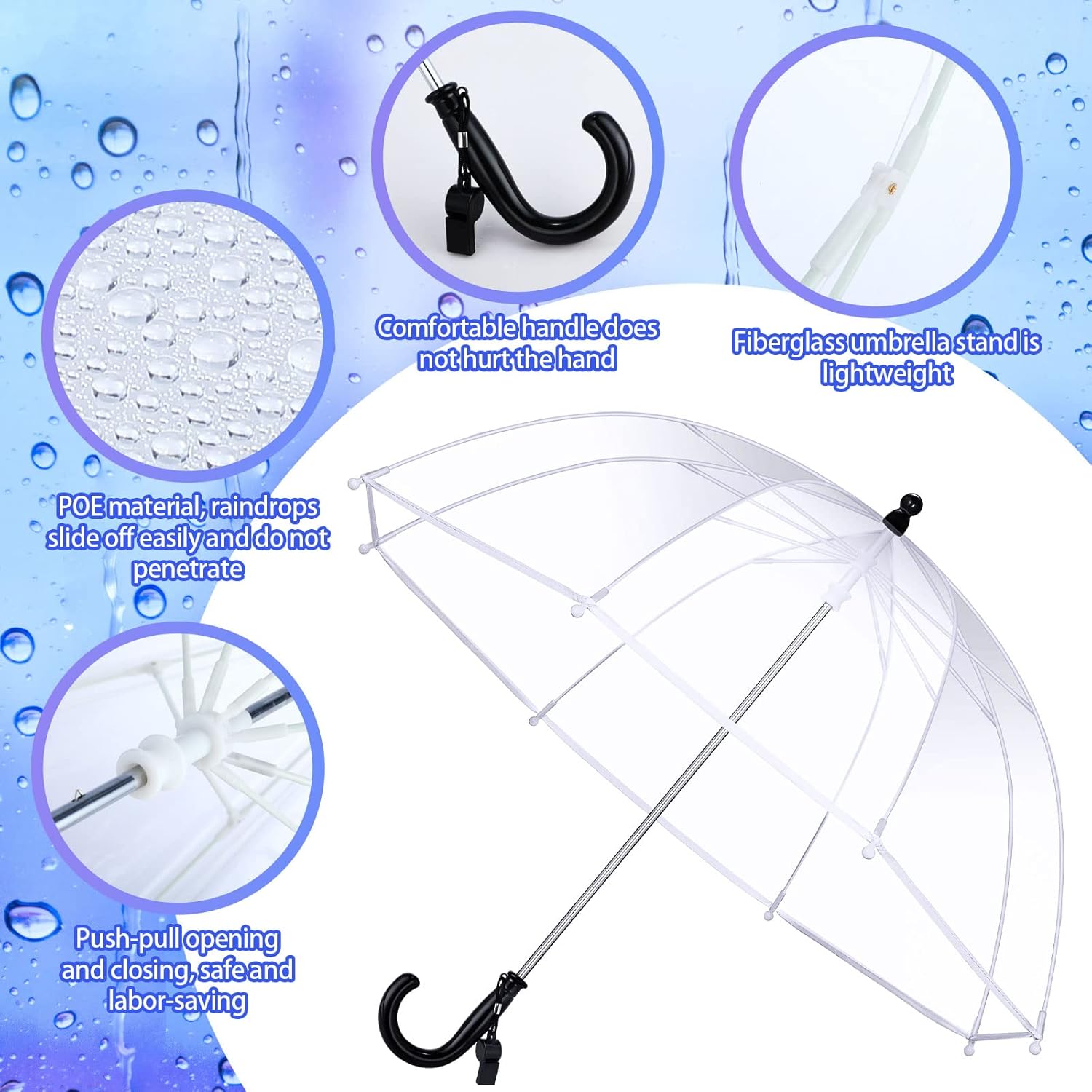 Jexine 4 Pcs Kid's Clear Bubble Umbrella Transparent Umbrella with an Easy Grip Handle Windproof Stick Umbrellas with Whistle for Toddler Kids Boys and Girl Ages 3-7