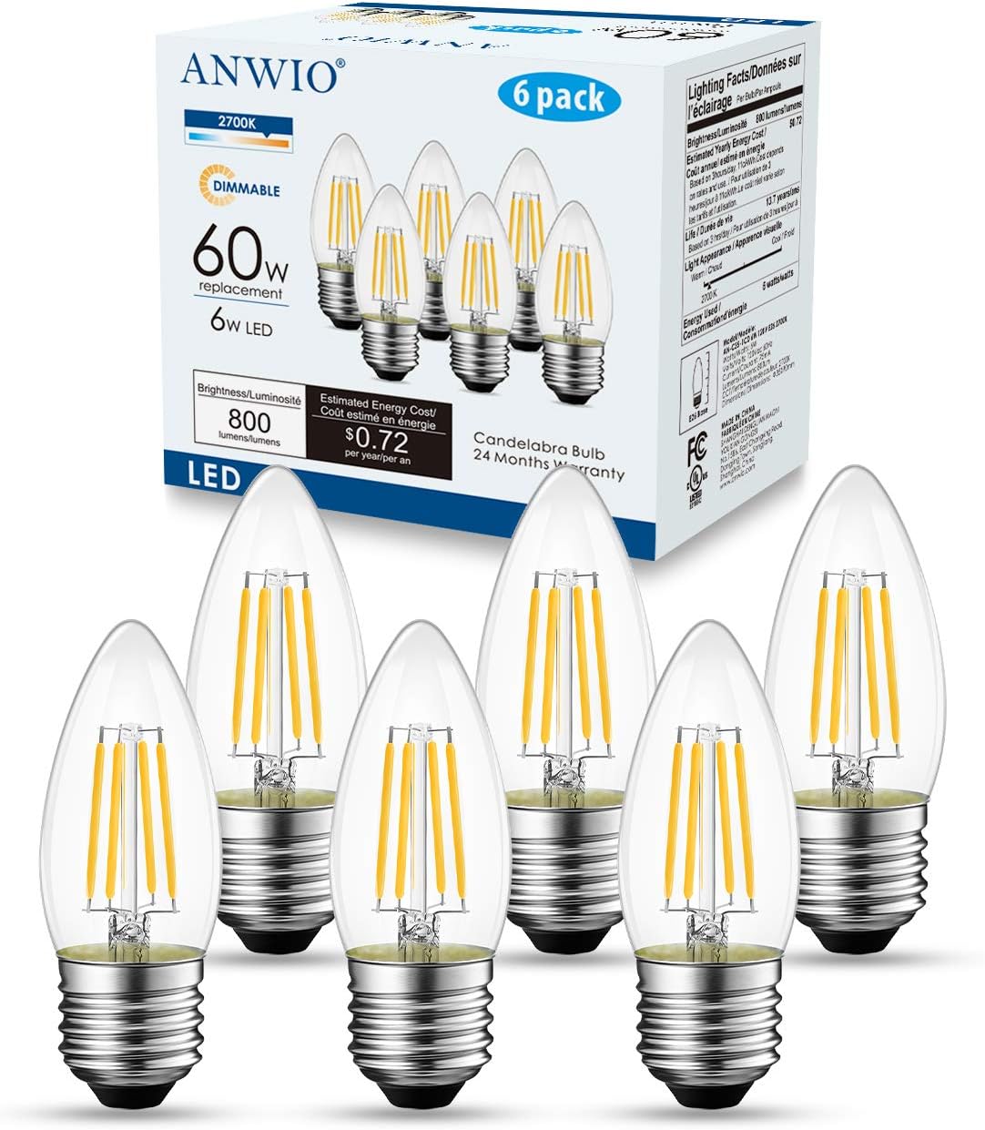 ANWIO Clear B11 Candle Light Bulb Indoor LED Filament Chandelier Candelabra Bulb Dimmable Warm White LED Bulbs 2700K 6W(60W Equivalent) E26 Medium Base Decorative Lightbulbs, 6 Pack