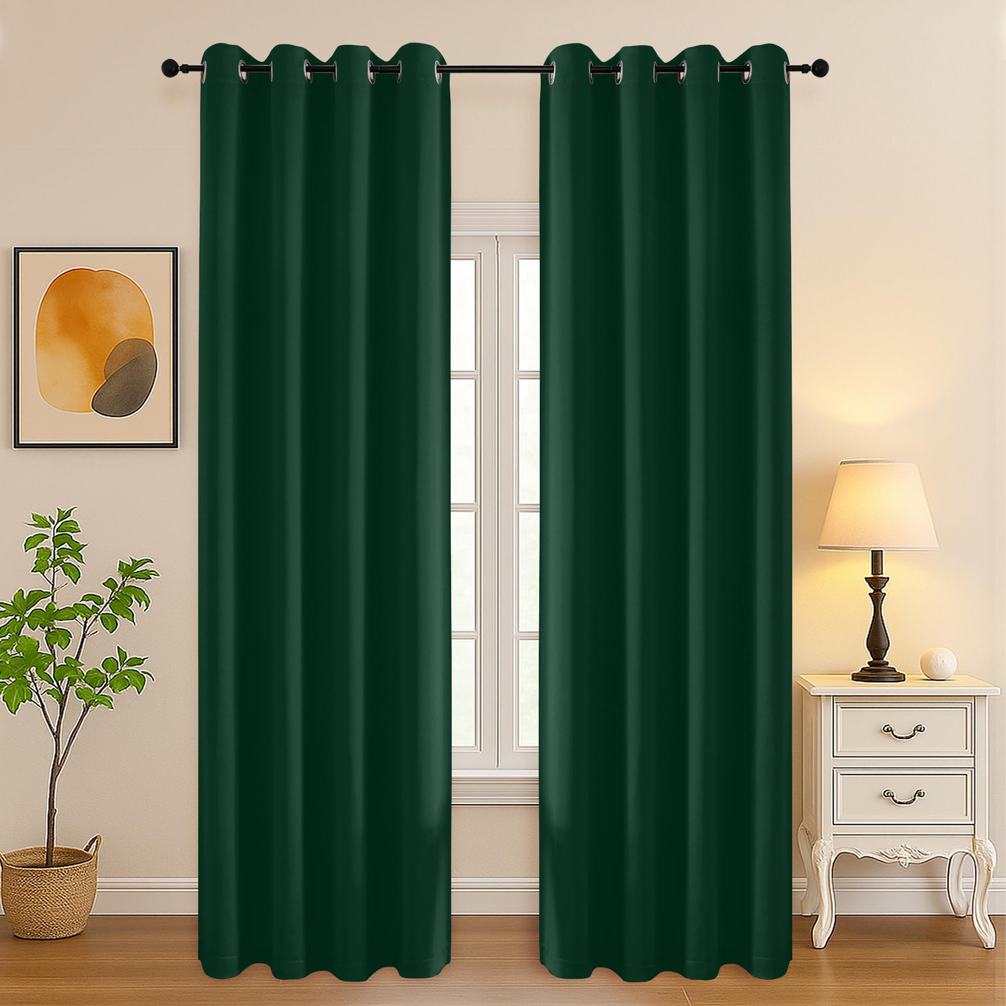 Simplebrand Ever Green Curtains for Bedroom Living Room 96 Inches Long 2 Panels Set, Room Darkening Thermal Insulated Curtains &amp; Drapes, Solid Grommet Noise Reducing Window Treatment, W50 x L96 Inch