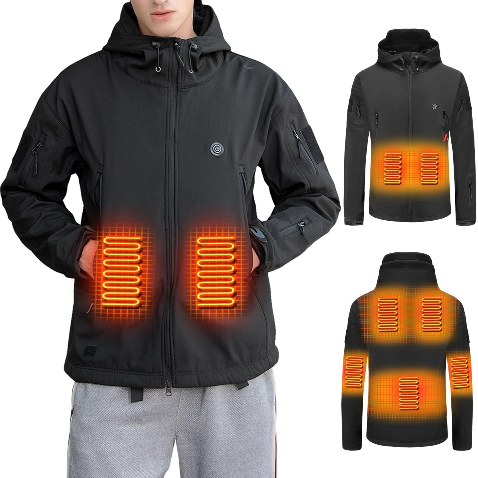 Kurtka Ocieplana Dla Mężczyzn, Softshell, Wodoodporna, Polarowa Parka Z Kapturem, Ogrzewany Płaszcz, 7 Stref Ogrzewania, Można Prać W Pralce