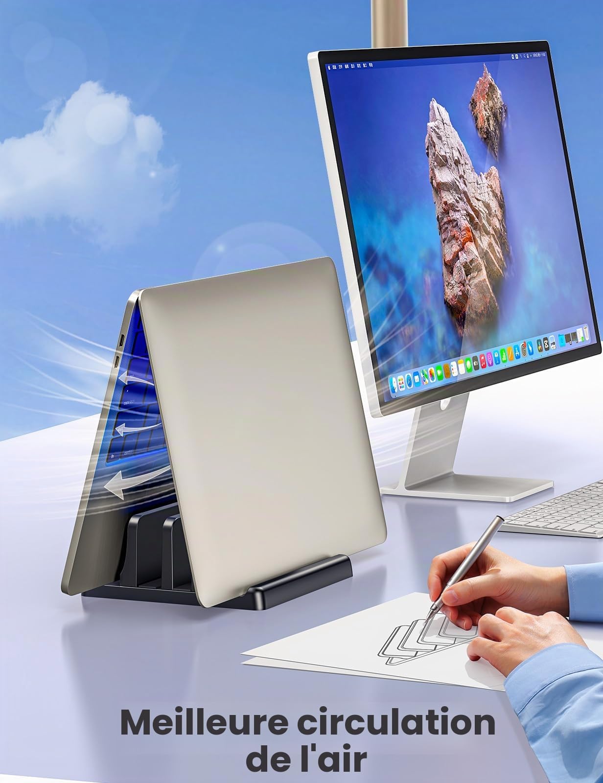 VAYDEER Support Vertical 4 en 1 pour Ordinateur Portable, 2 emplacements Compatible avec MacBook/iPad/PC jusqu'à 17,3 Pouces - Noir