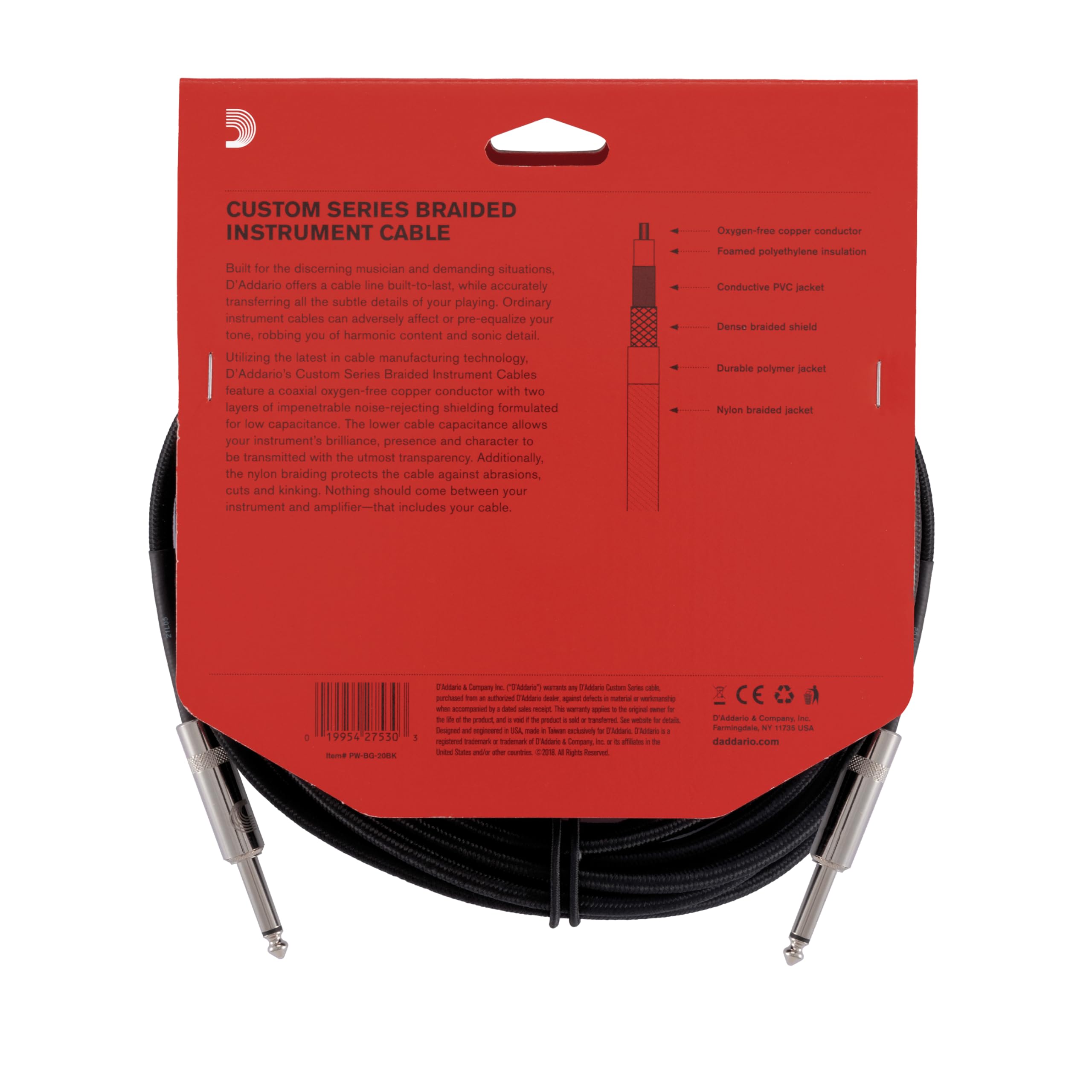 Planet Waves D'Addario Custom Series Instrumentenkabel mit Flechtschirm, Schwarz, 6 m