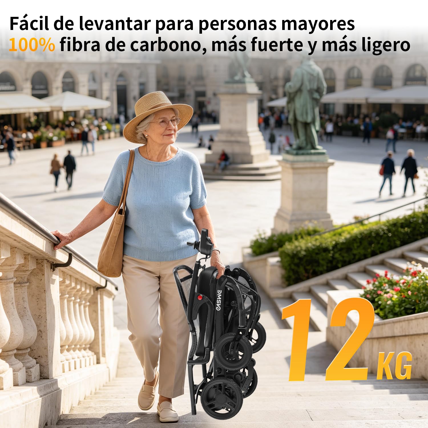 C20 Silla de Ruedas Eléctrica de Fibra de Carbono, Diseño Ultra Ligero Plegable de 12 kg, Potencia 10AH+10AH, Autonomía 40 km, Motor Sin Escobillas de 400W