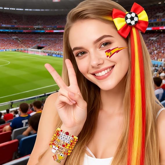 2026 Soccer BRAZIL Adult Supporter Kit 7PCS National Team Fan Accessories with Wig Hair Clip, Bracelets & Patriotic Face Decals for Stadium Events & Game Day (SPAIN)