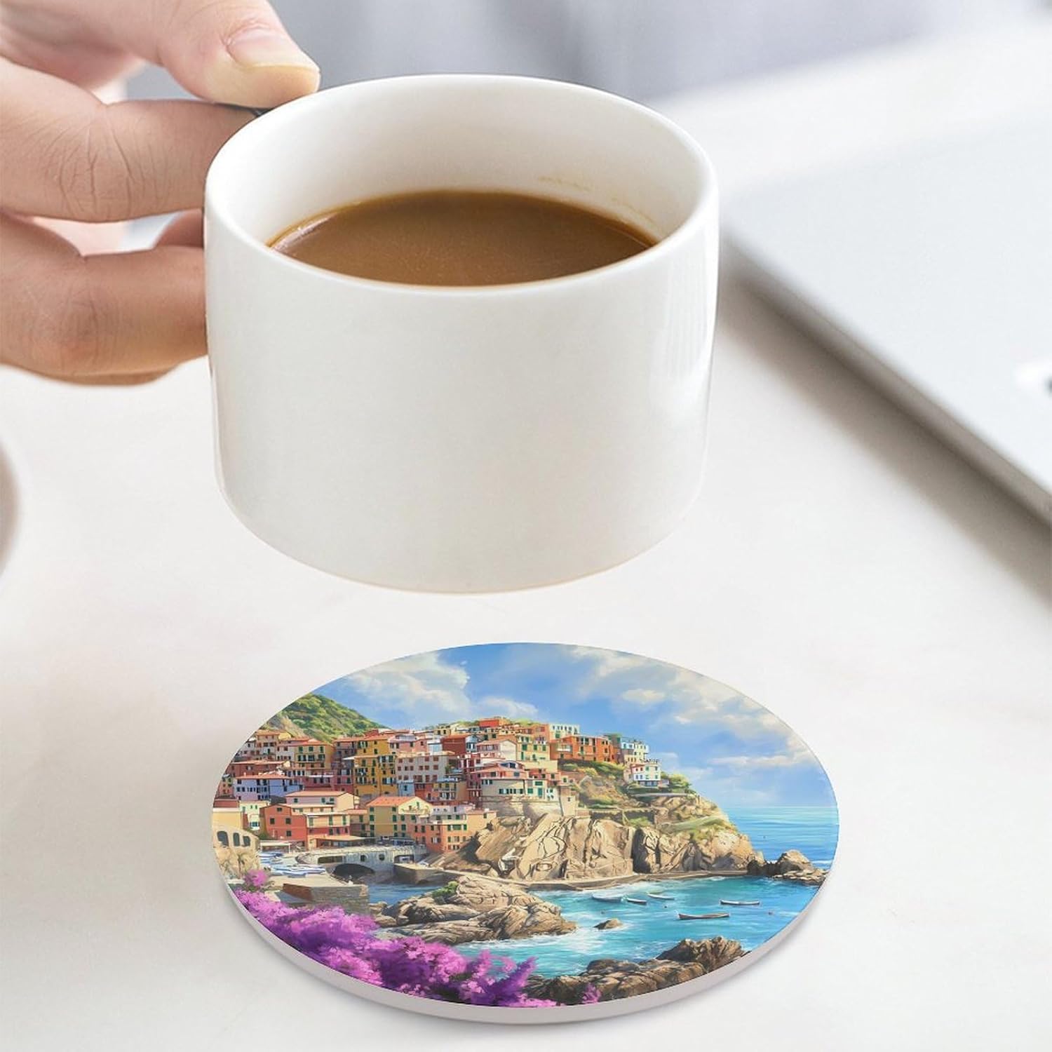 Italy Coast Cinque Terre Round Ceramic Coasters for Drinks Absorbent Cup Holder Tabletop Protector with Cork Base