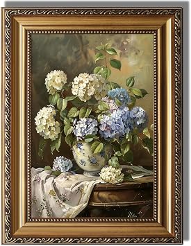 KBKBART Vintage Framed Wall Art for Living Room - Moody Blue and White Hydrangeas Flower Canvas Oil Painting Prints for Wall Decor, Classical Floral Wall Decor, Antique Botanical Art Print for Bedroom Bathroom Wall Pictures Artwork, 12"x 16"