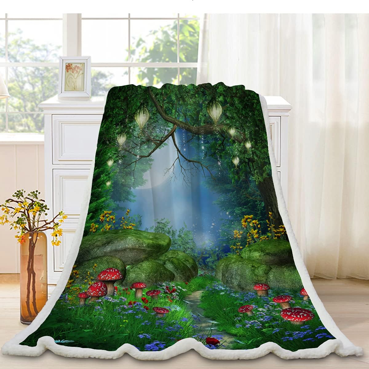 Sherpa Throw Blankets for Sofa Bed Couch, Magic Fairy Tale Forest wiht Mushrooms and Lanterns Printed Blanket, Soft Cozy Plush Fleece Blankets for Kids Adults Gift, 50"x60"