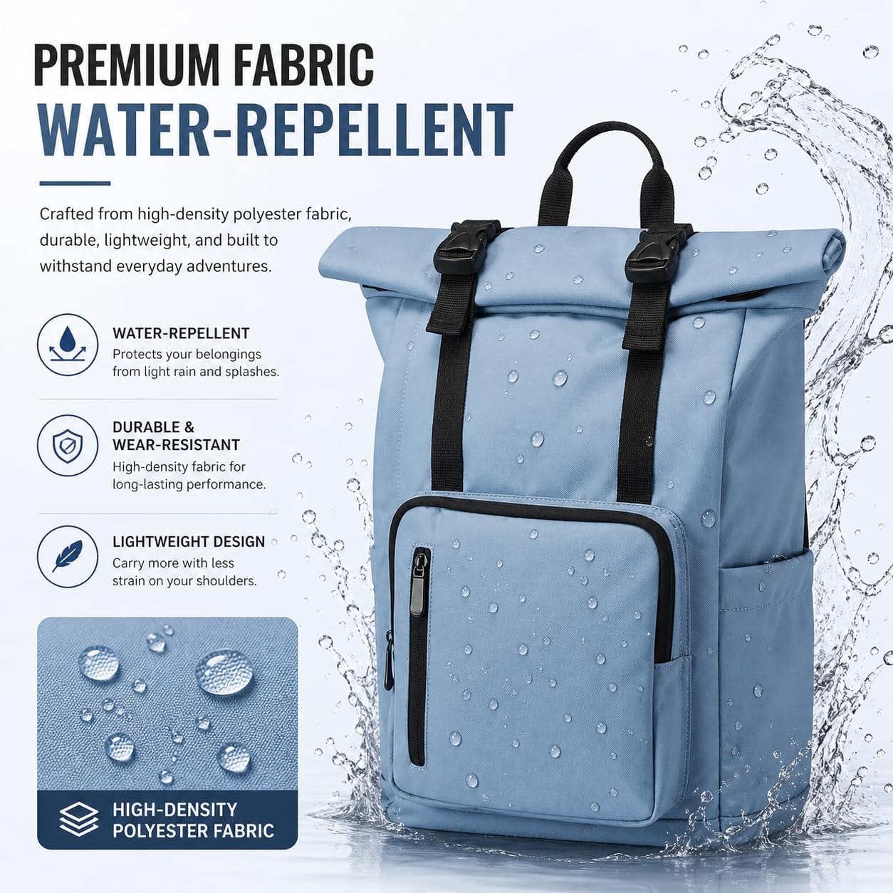 Roll Top Laptop Backpacks for Men & Women, Anti-Theft Travel Backpack Fits 15.6-17.3 Inch Laptop, Water-Resistant Durable Computer Bag for Work, College & Daily Commute (Blue)