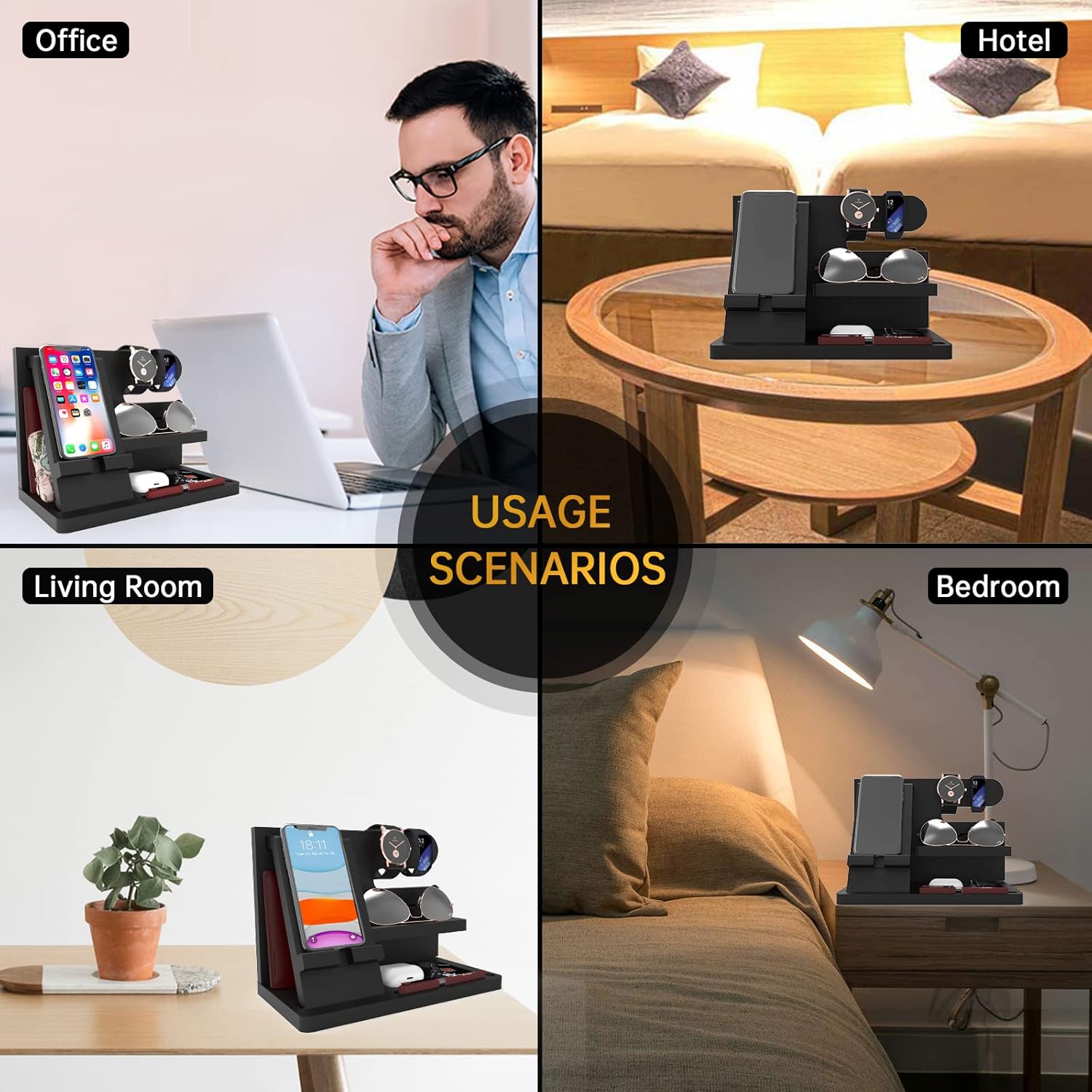 Gifts for Men Wood Phone Docking Station Birthday Gift for Men Valentines Day Gifts Father Gift for Him Boyfriend Nightstand Organizer Desktop Phone Stand Black