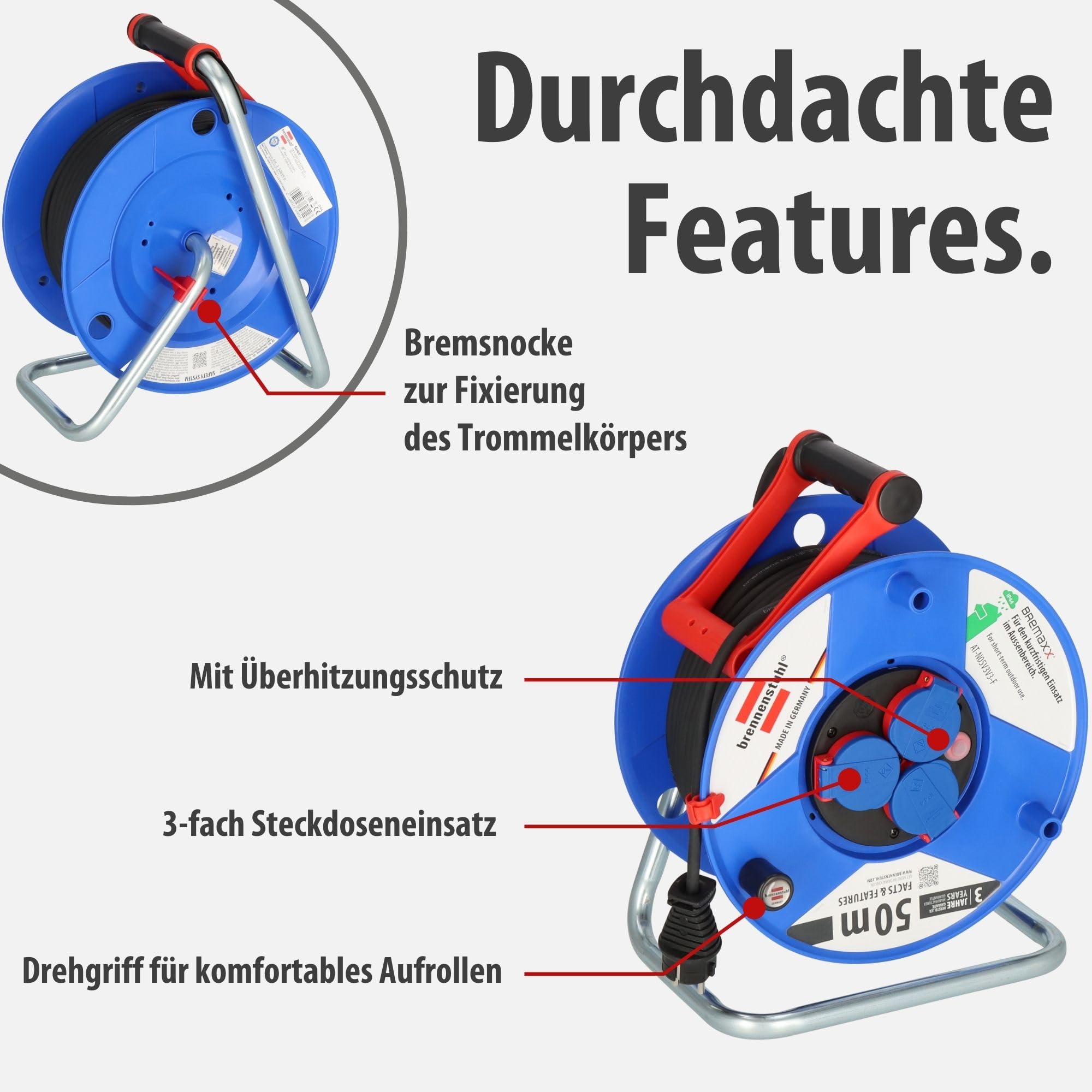 Brennenstuhl Garant IP44 Kabeltrommel (50m, Spezialkunststoff, kurzfristiger Einsatz im Außenbereich, Made in Germany) blau