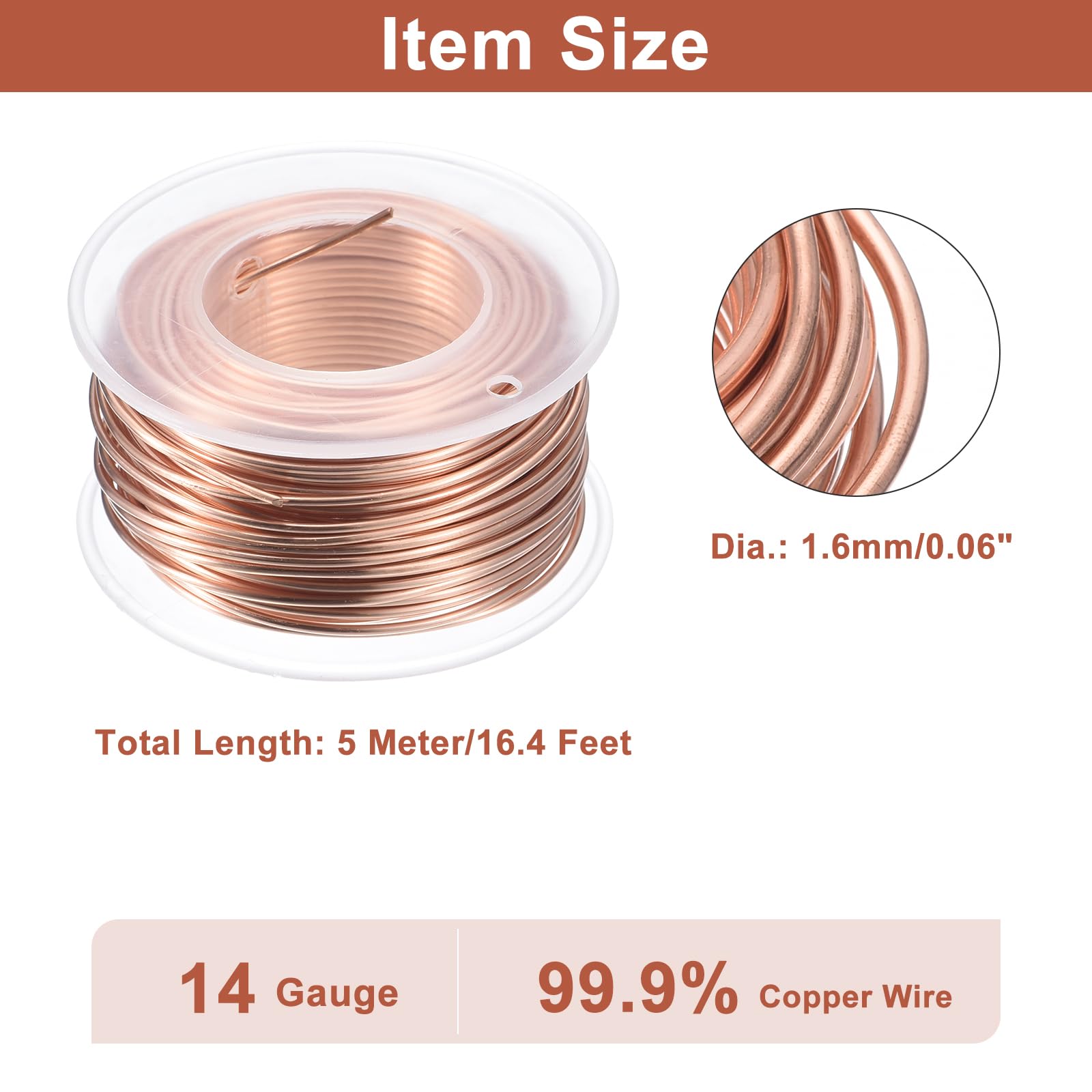 sourcing map Fil de cuivre souple (calibre 14, 5 m), fil de cuivre pur pur à 99,9 % de 1,6 mm pour loisirs créatifs, jardinage, décoration (5 m)