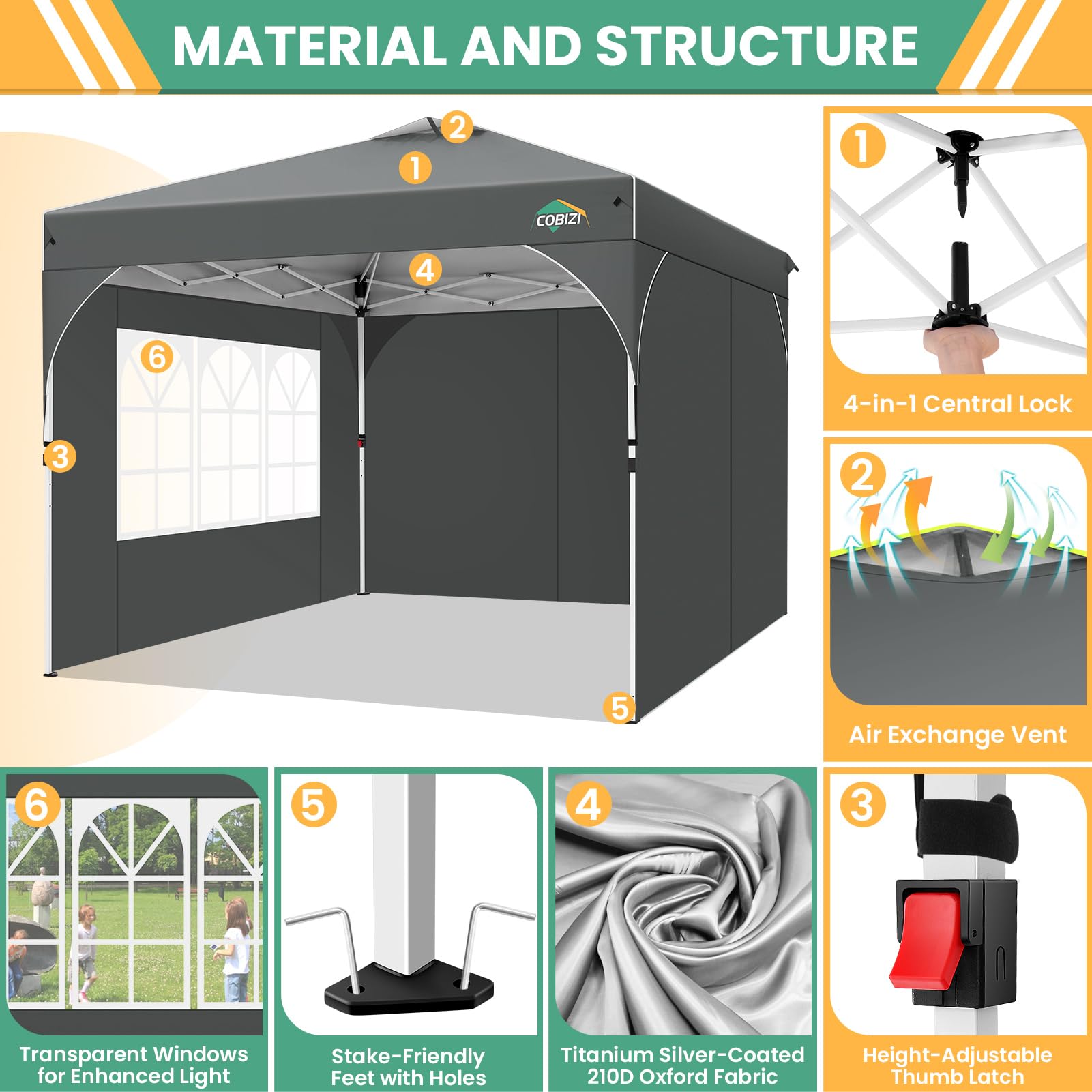 COBIZI Carpa Plegable 3x3 Carpas de Camping Impermeables | Carpas para Exteriores con Ventilaciones, Tubos Fluorescentes y 4 Sacos de Arena | Cenador Plegable Altura Ajustable,UFP 50+
