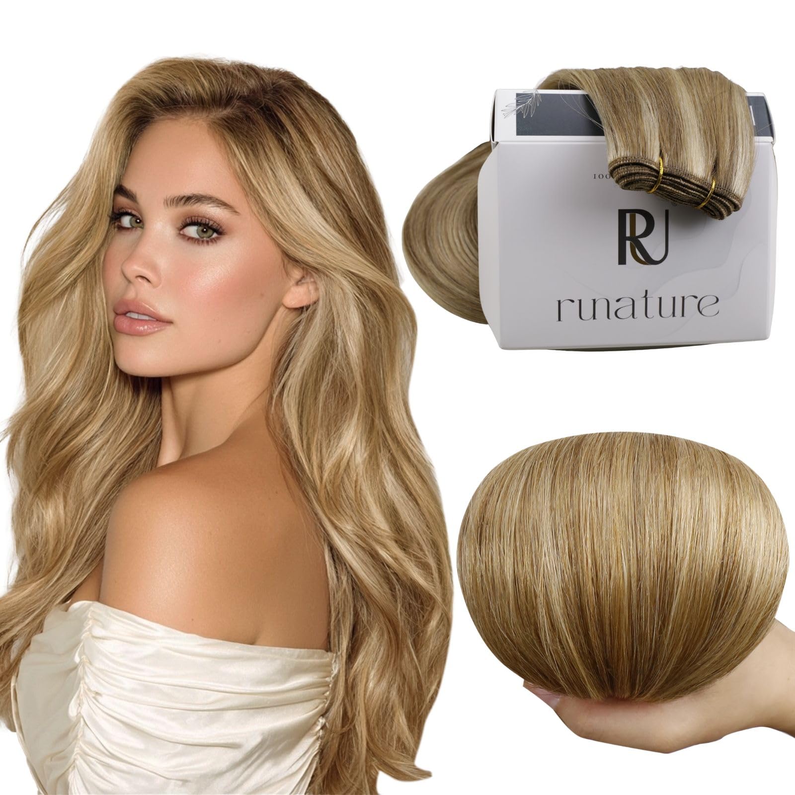 RUNATURE 22 Inch Sew in Hair Extensions Real Human Hair Long Straight Hair Dark Blonde Highlight Light Blonde Remy Human Hair Weft Extensions for