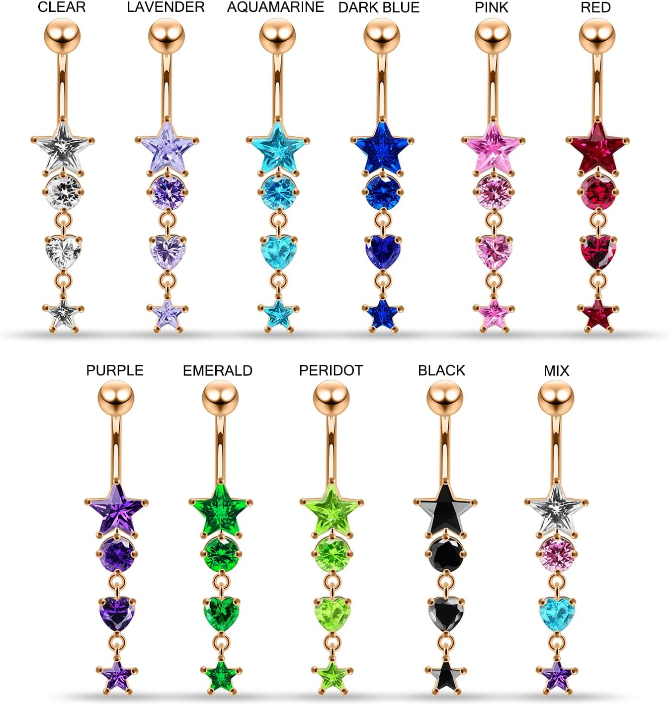 Cz Stone Rose Gold Plated Star with Round and Heart Dangling Design Sterling Silver with Stainless Steel Belly Ring - Belly Button jewelry - Navel jewelry - Silver Navel Ring
