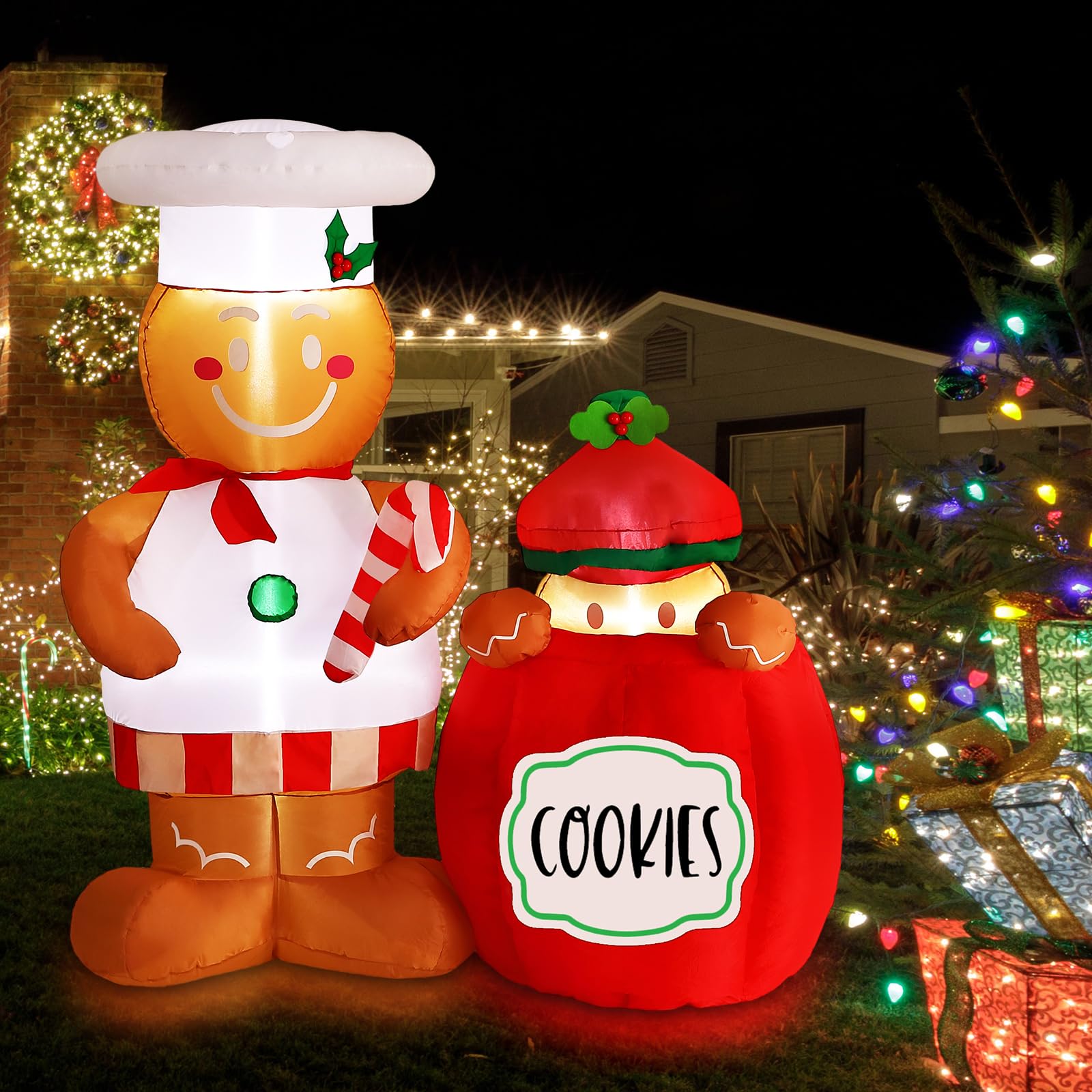 Hiboom 5 FT Christmas Inflatable Gingerbread Man Yard Decorations, Large Gingerbread Man with Sand Bag Built-in LED, Lighted Xmas Outdoor Decor for Garden Yard Lawn Holiday Party