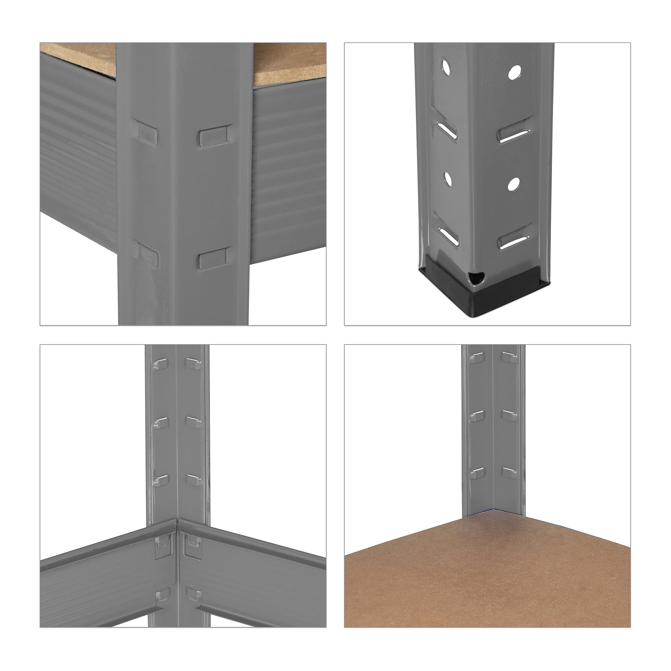 Relaxdays Banco da Lavoro Officina, Tavolo da Garage 2 Scaffali, Altezza Regolabile, Acciaio e MDF, 91x141x61 cm, Grigio