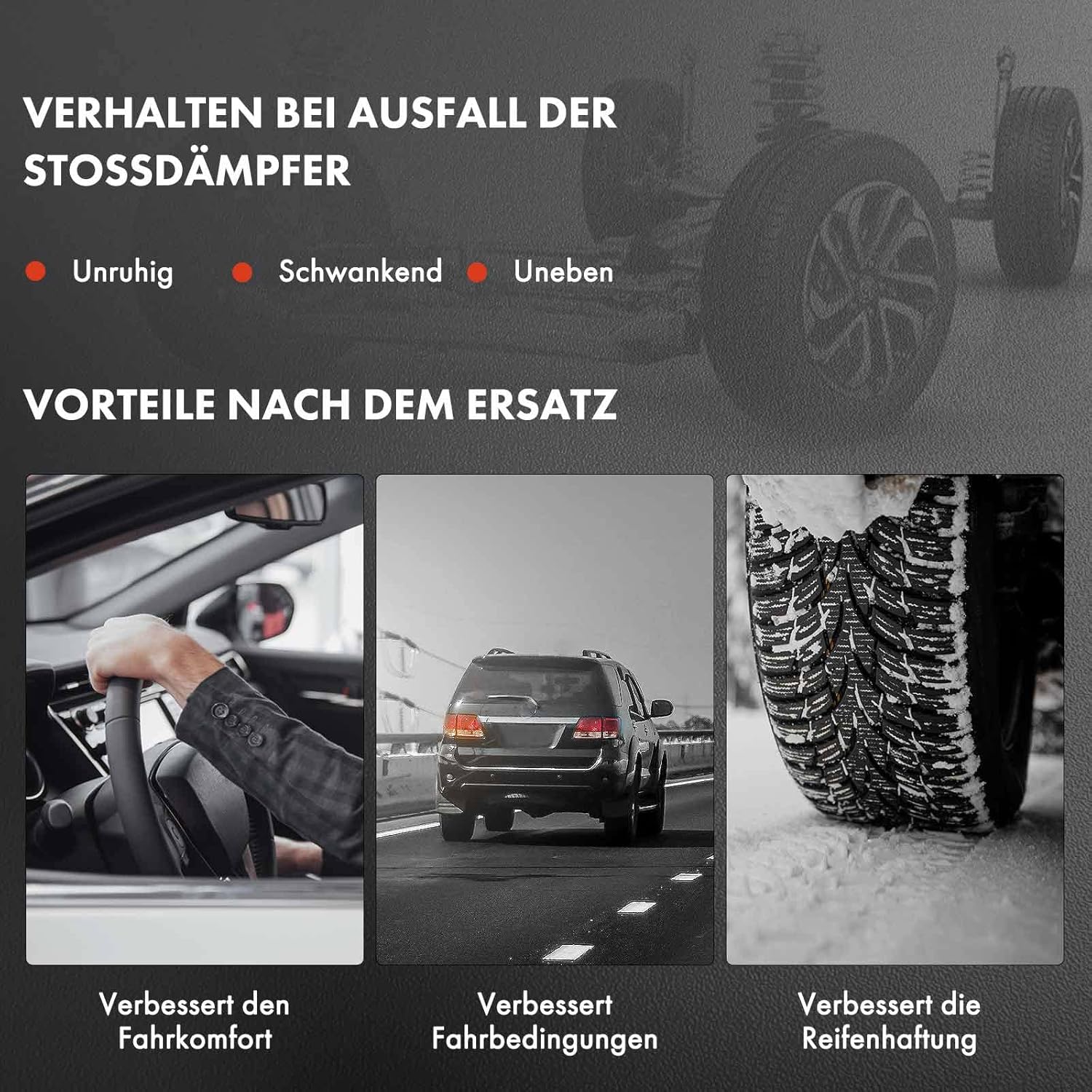 Illustrations showing symptoms of failing shock absorbers and benefits of replacement