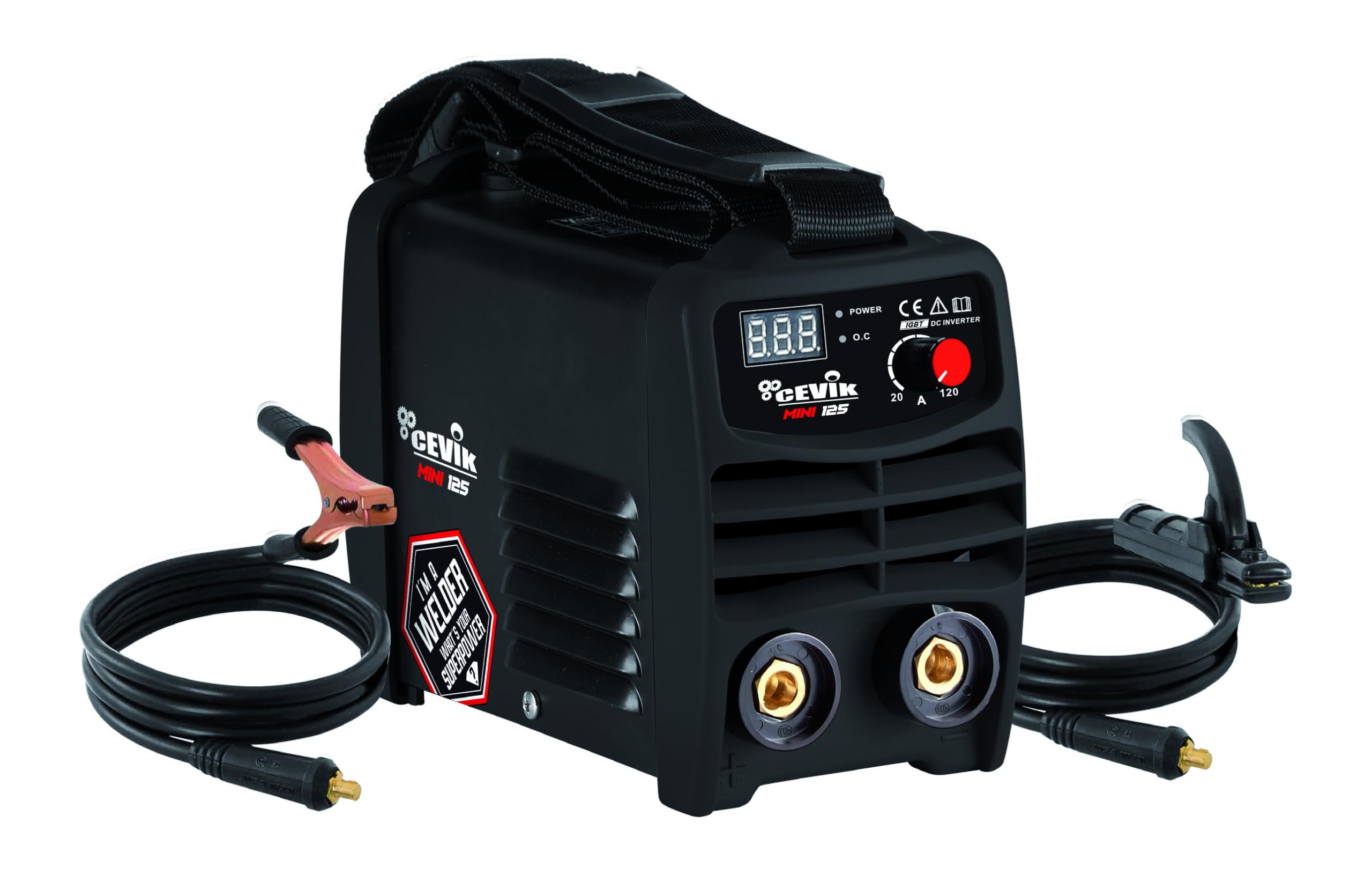 CEVIK PRO CE-MINI125 - Mini Soldador Inverter MMA Máscara de Soldadura y Portaelectrodo - 120A 40% 230V - Electrodos hasta 3.25mm - Display Digital - Conectable a Generador - Soldadora Portatil
