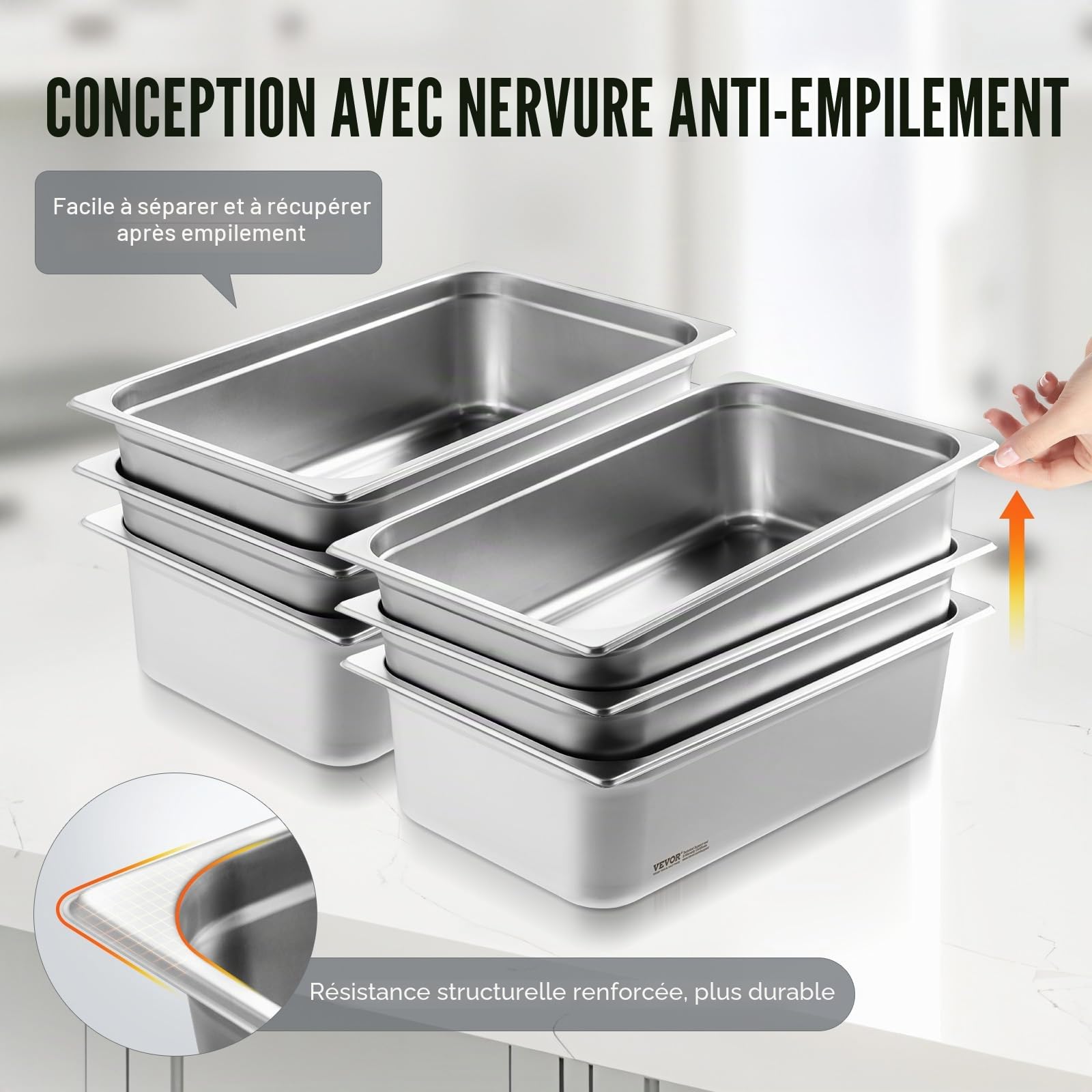 VEVOR Bac Gastronorme GN 1/1 Lot de 6, Récipient Inox pour Bain-marie 0,8 mm d'Épaisseur, Bac Inox Alimentaire 15 cm Profondeur, pour Fours à Convection, Réfrigérateurs, Stockage, Restauration
