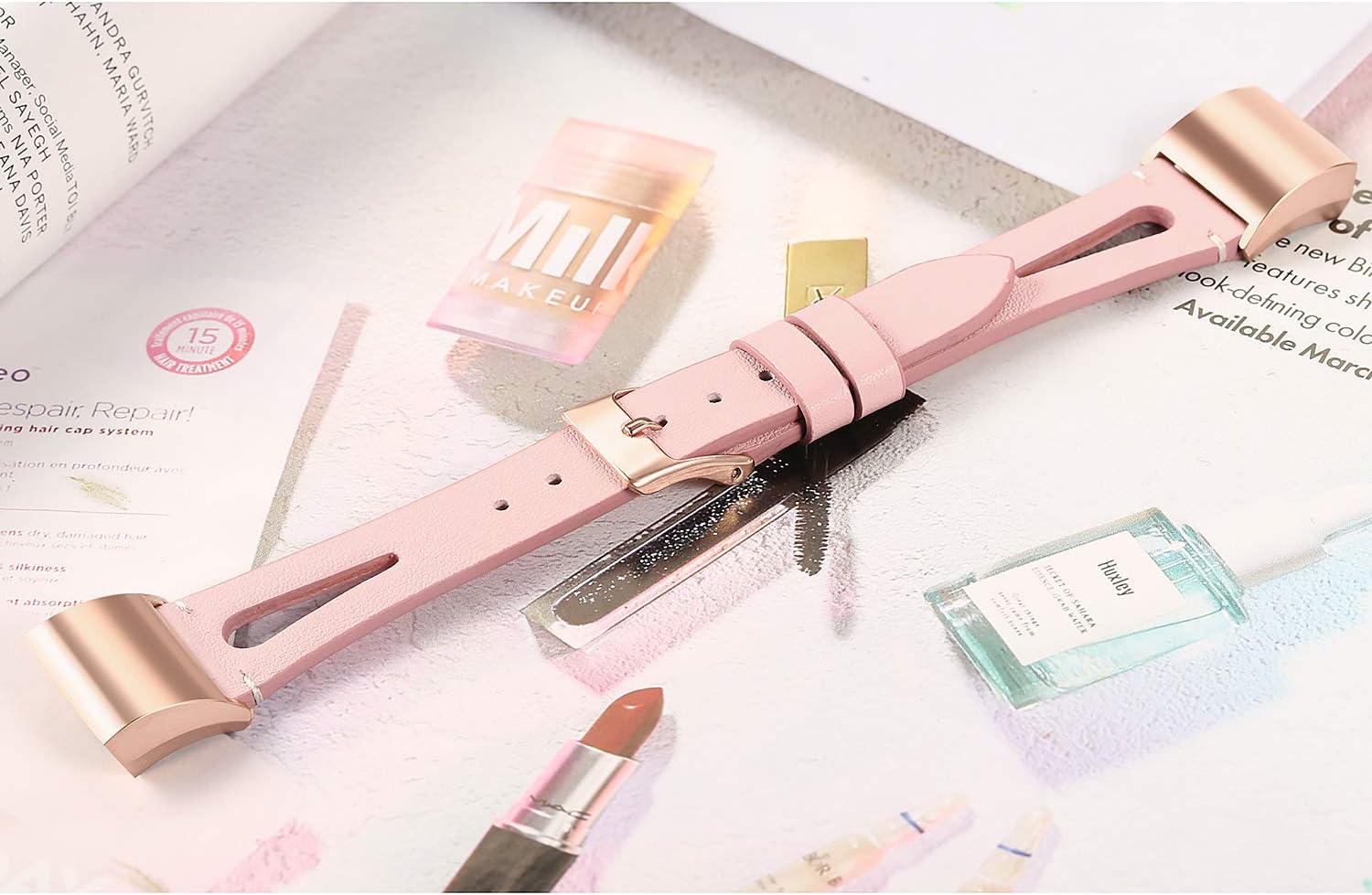 bayite Leather Bands Compatible with Fitbit Charge 2, Replacement Genuine Wristband Straps Women, Pink with Rose Gold Connector Small