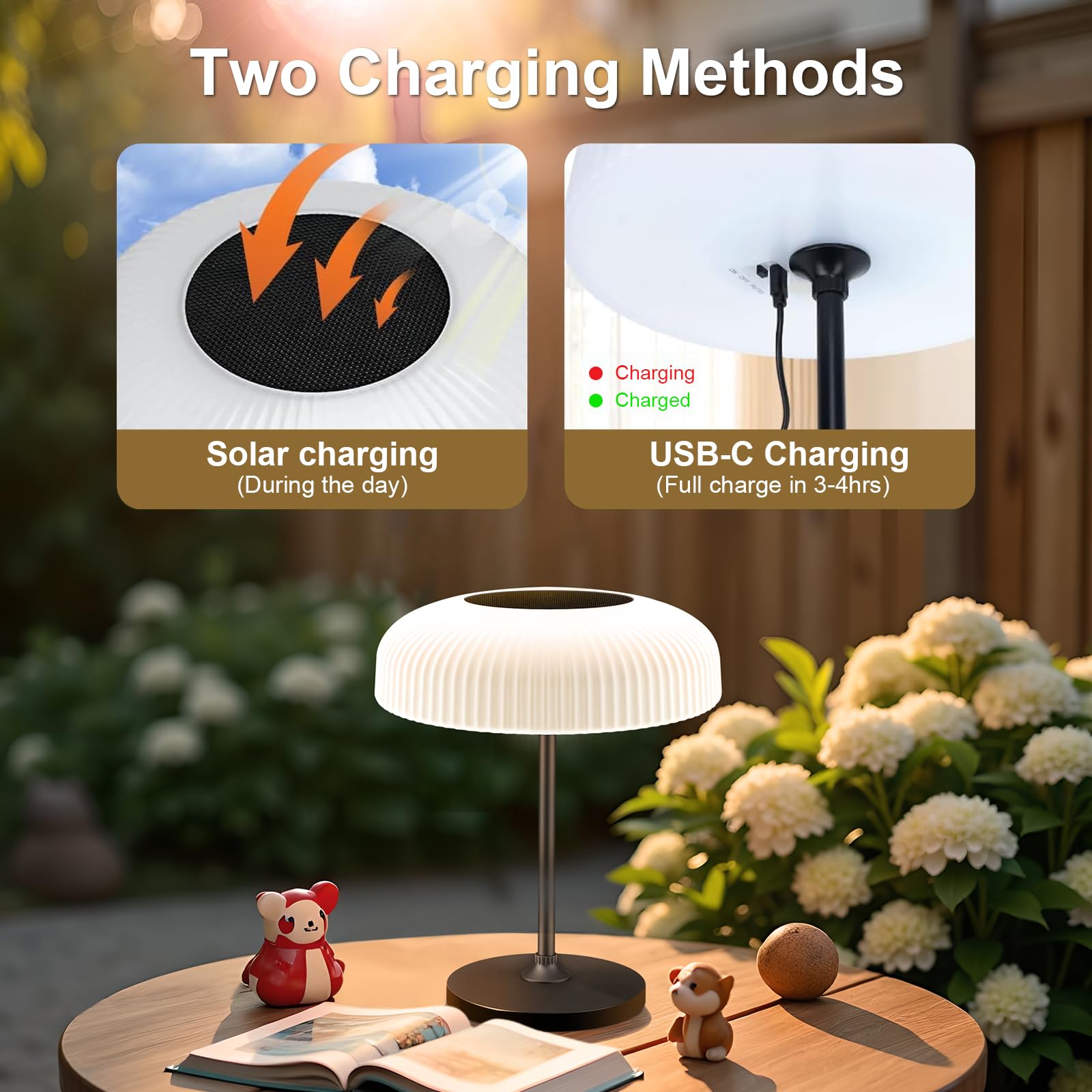 AGOTD - Lámpara de mesa solar para exterior - Lámpara de mesa LED inalámbrica con puerto USB-C - Intensidad variable - Blanco cálido + blanco frío - Para interior y exterior, jardín, terraza