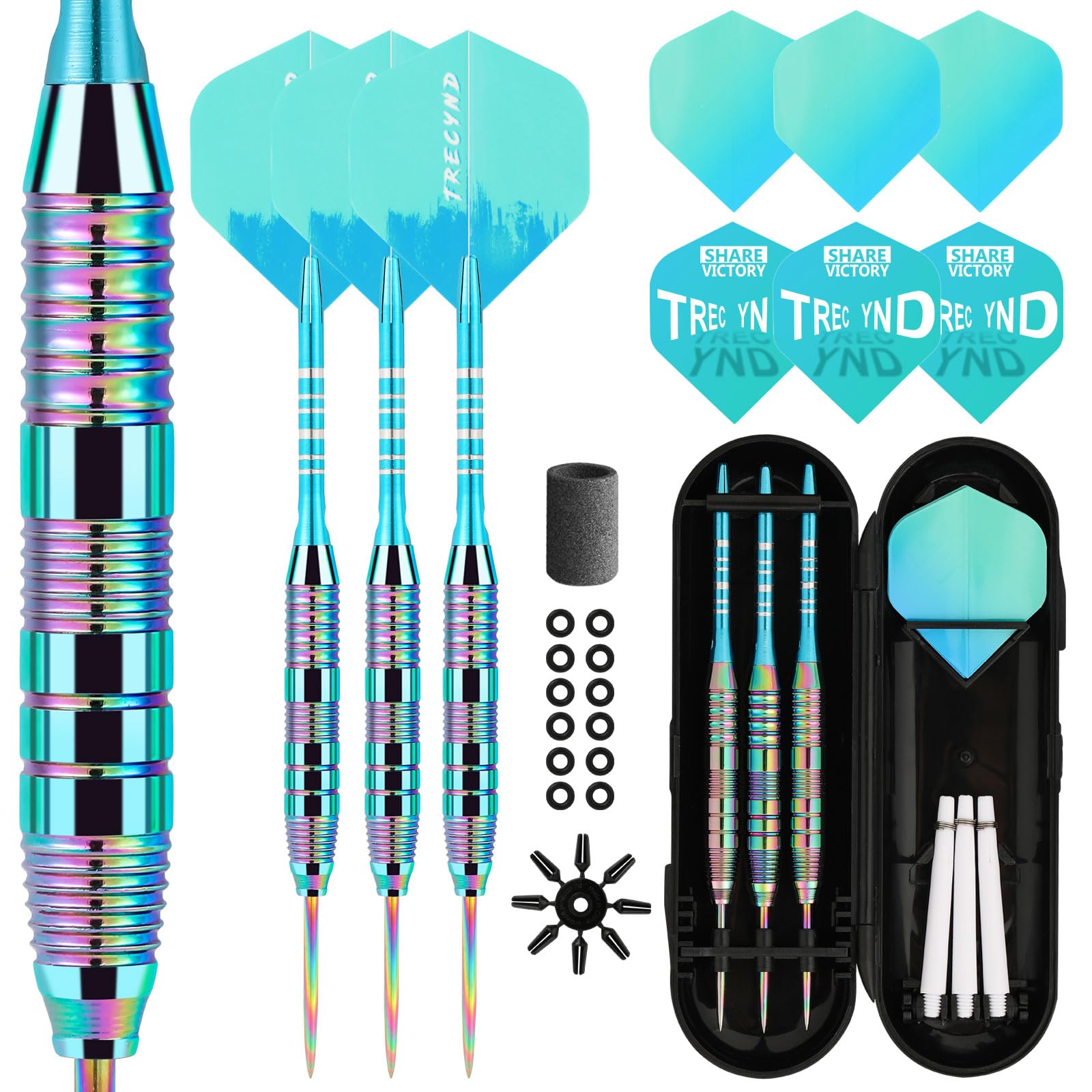 Trecynd Darts Metal Tip Set 3 Aluminum Shaft Metal Dart Set Professional Darts Steel Tip Sets + Extra Dart Flights 3 Replace Plastic Shafts Beginner or Professional Darts 22g (Green Blue)