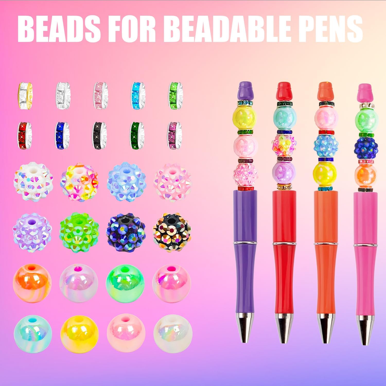 305PCS Beads for Beadable Pens, Acrylic Rhinestone Spacer Bubblegum Bead for Jewelry Making - Image 3