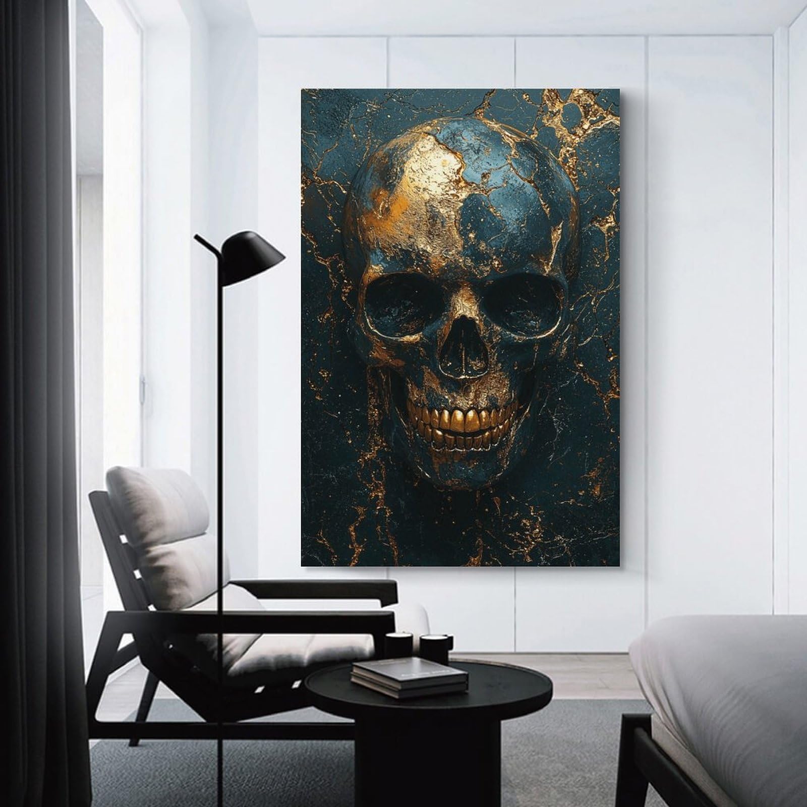 Junmoney Unframe-Style-6 Golden Skull Wall Art Home Decor Wall Art 20X30inch(50X75cm), For Lounge, Study, Hallway Or Flat Walls, Stylish Home Artwork For Focal Walls