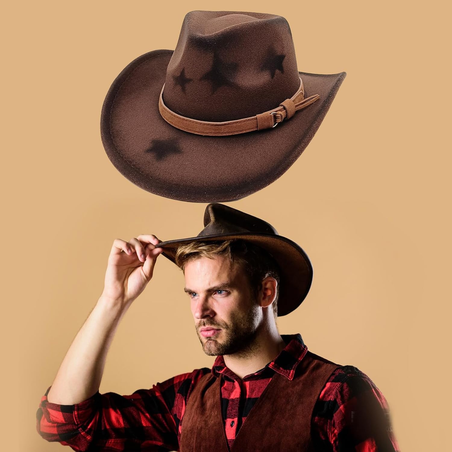 Fedoras Hat Panama Star Print for Women Men Photo Props Western for Unisex Wear Headwear Western Khaki