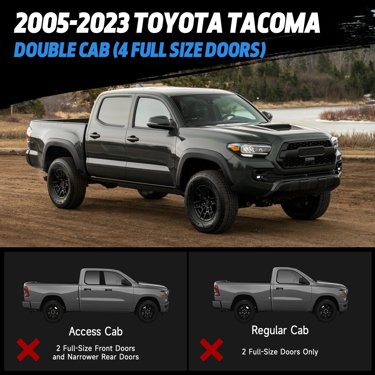 NIHAO Double Cab Side Steps Running Boards Fit Toyota Tacoma Double Cab 2005–2023, Heavy-Duty Carbon Steel Nerf Bars with Anti-Slip Wide Step Surface